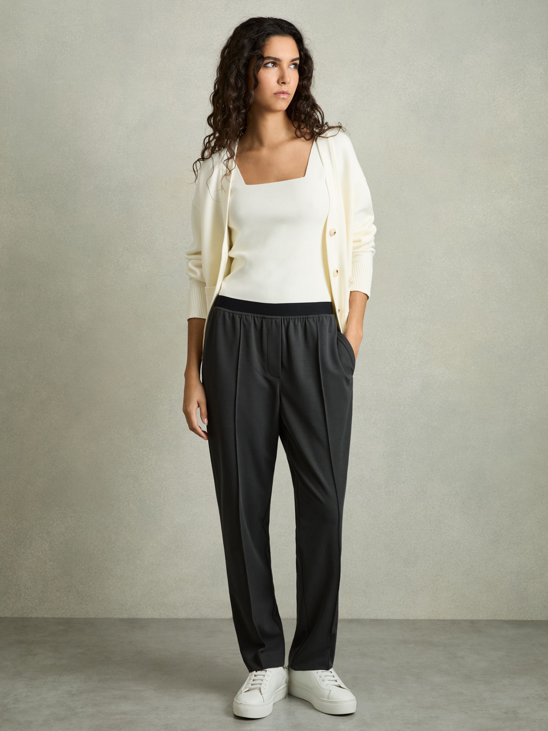 Elasticated-Waistband Tapered Trousers in Charcoal Grey