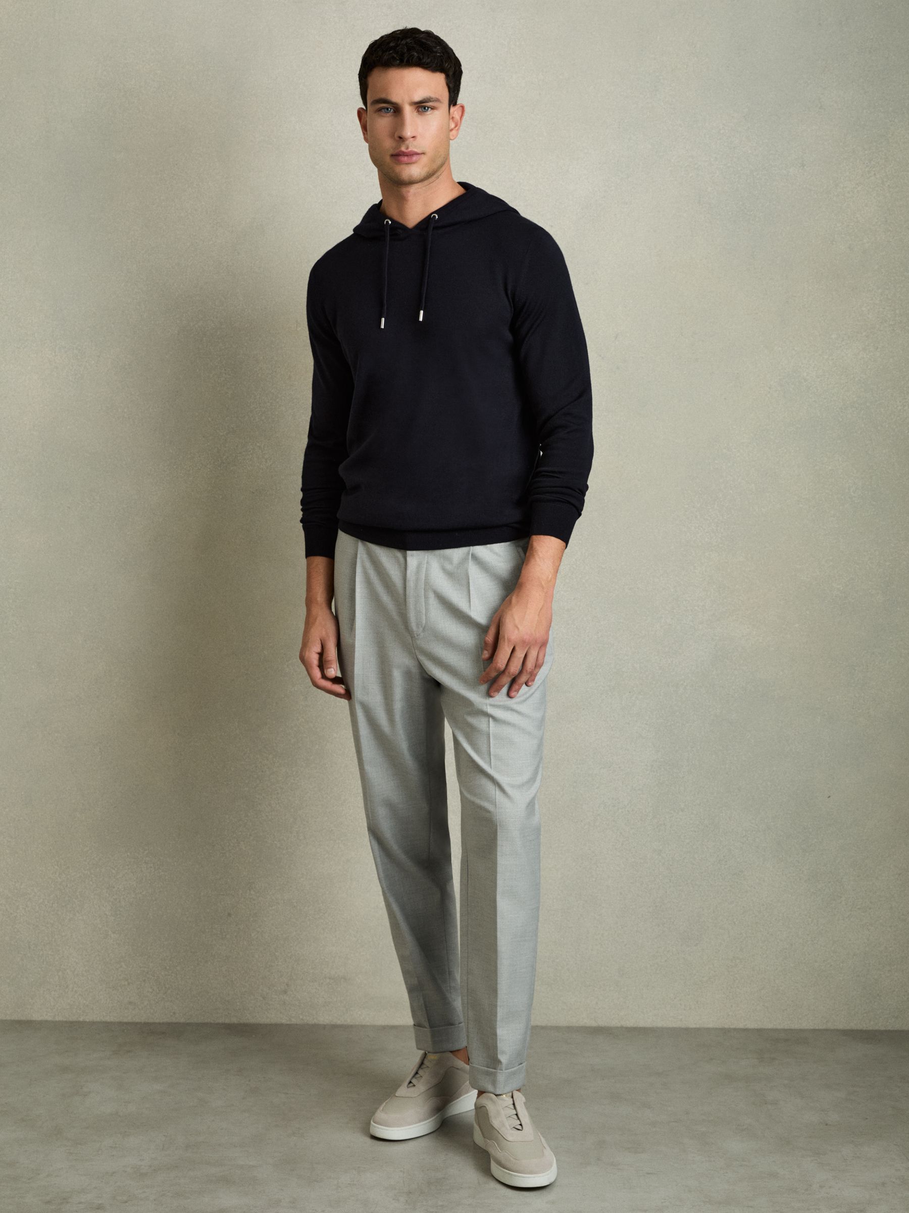 Merino Wool Drawstring Hoodie in Navy