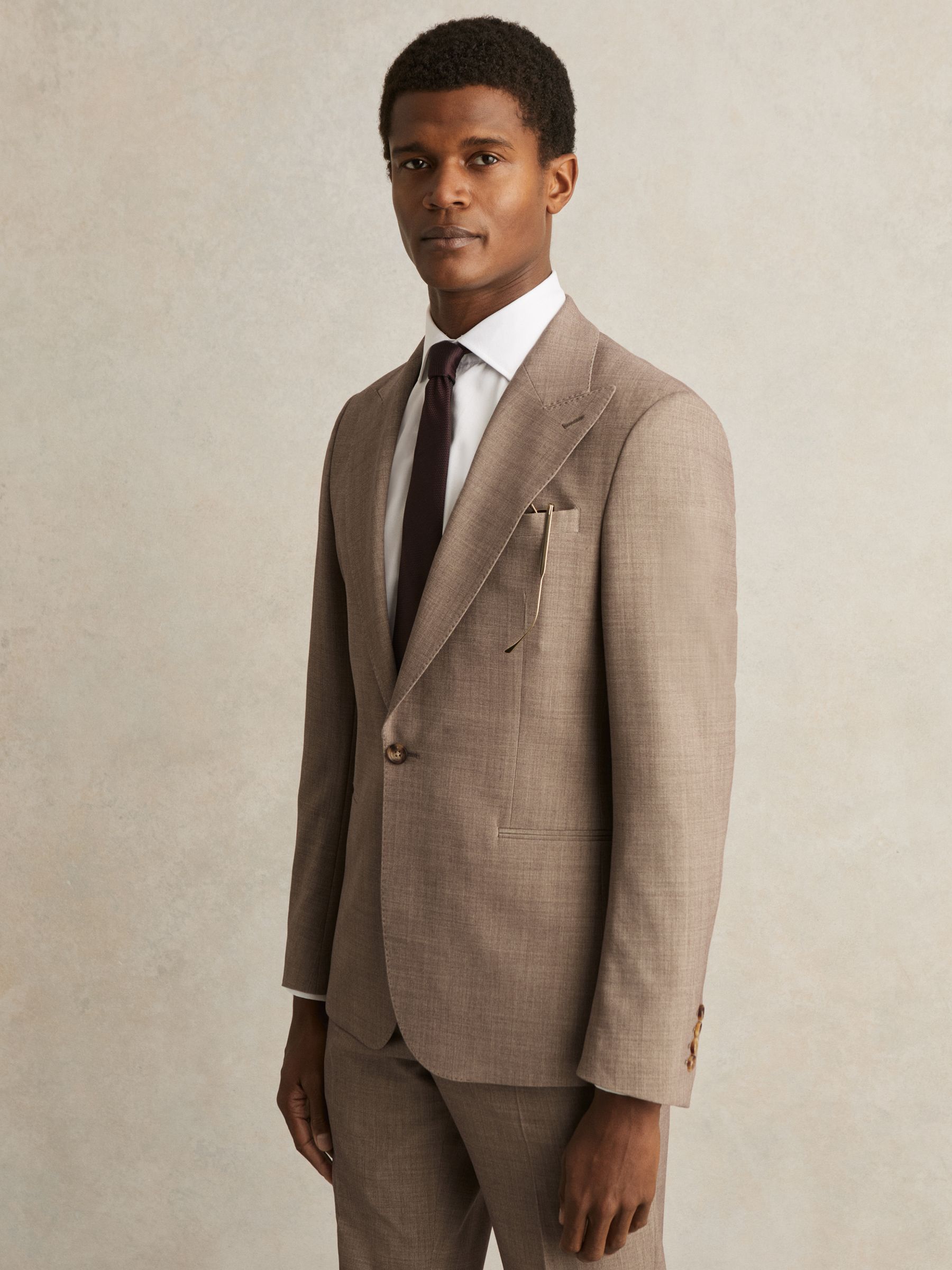 Single-Breasted Textured Blazer Slim-Fit With Wool in Brown