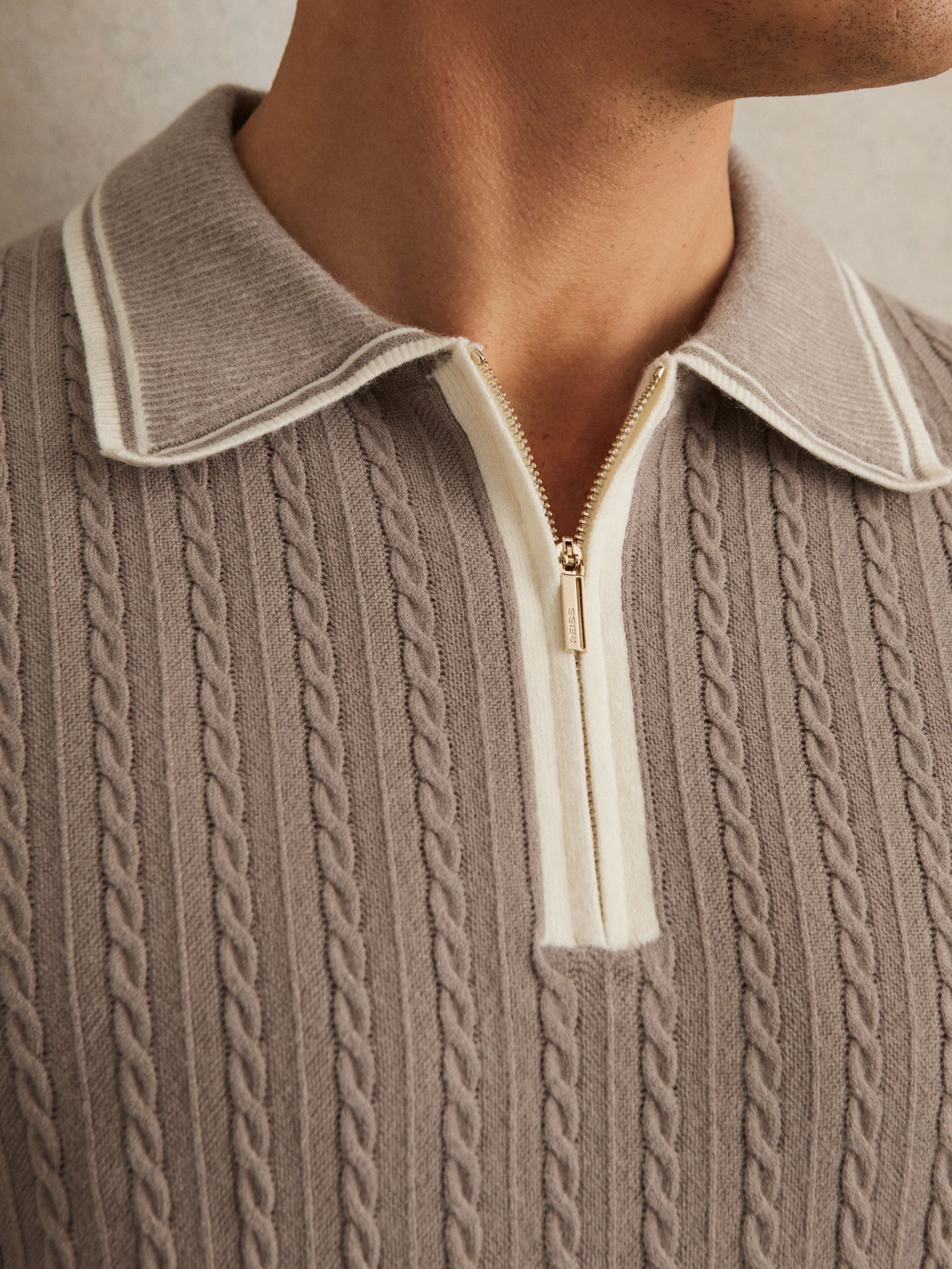 Micro-Cable Half-Zip Polo Shirt in Light Taupe Brown