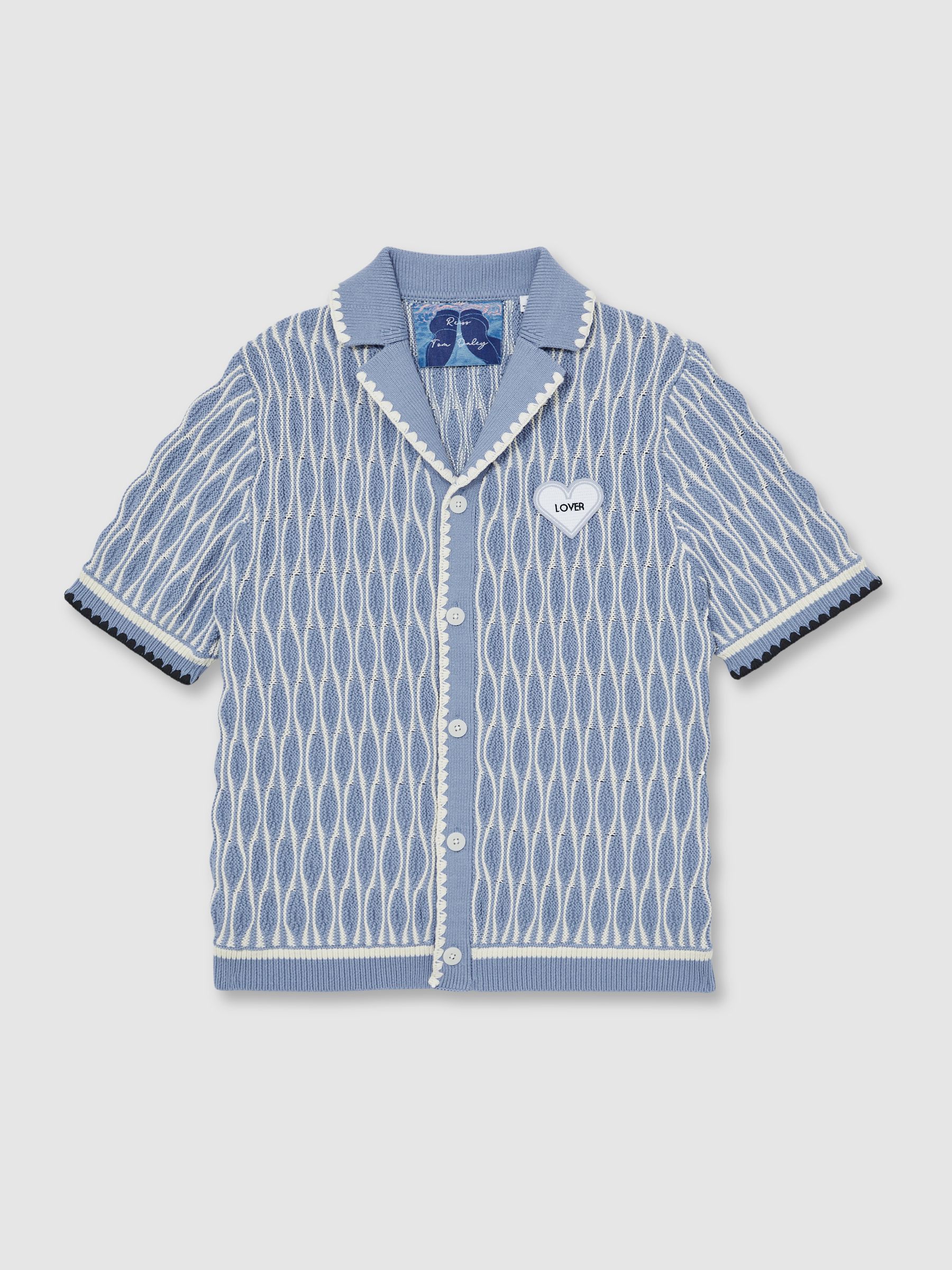 Tom Daley Wave-Knit Shirt in Soft Blue/White