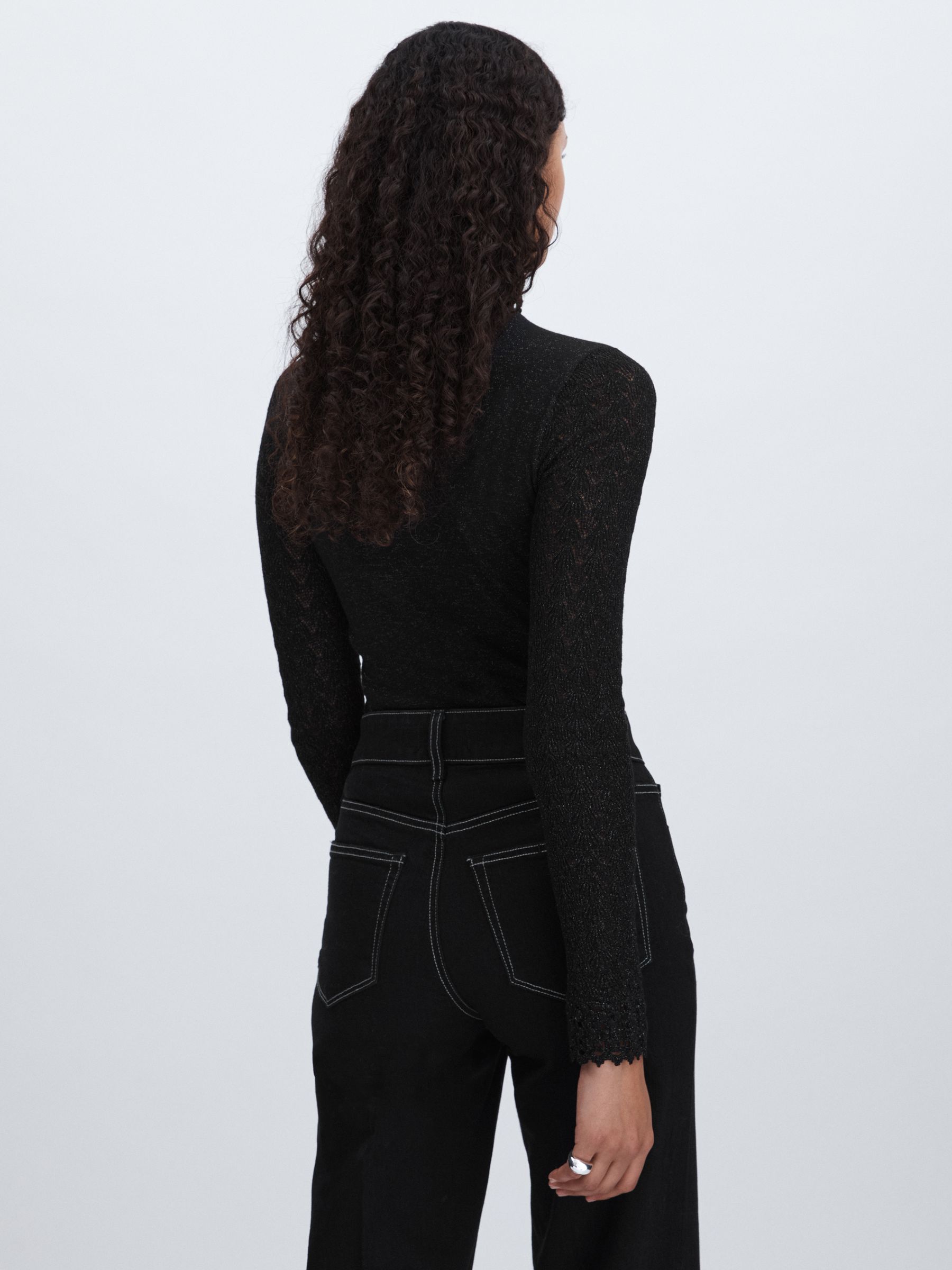 Paige Metallic Thread Pointelle Stitch Top in Black