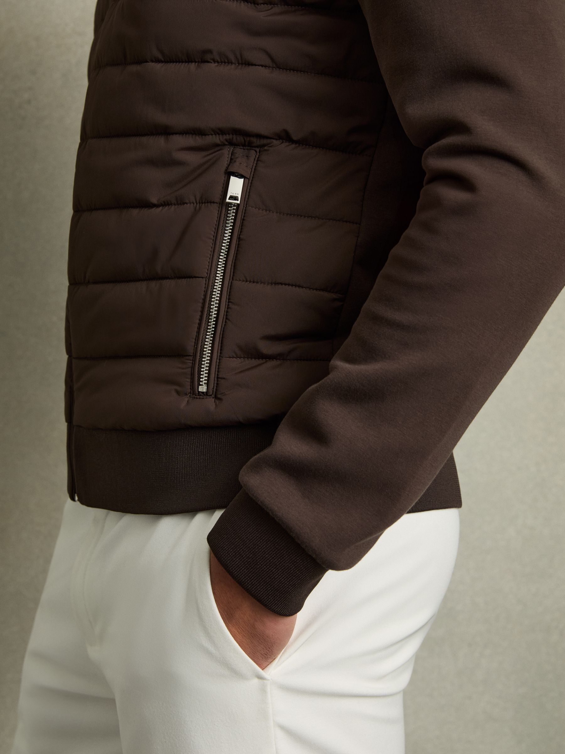 Hybrid Quilt Raglan-Sleeve Bomber Jacket in Dark Chocolate