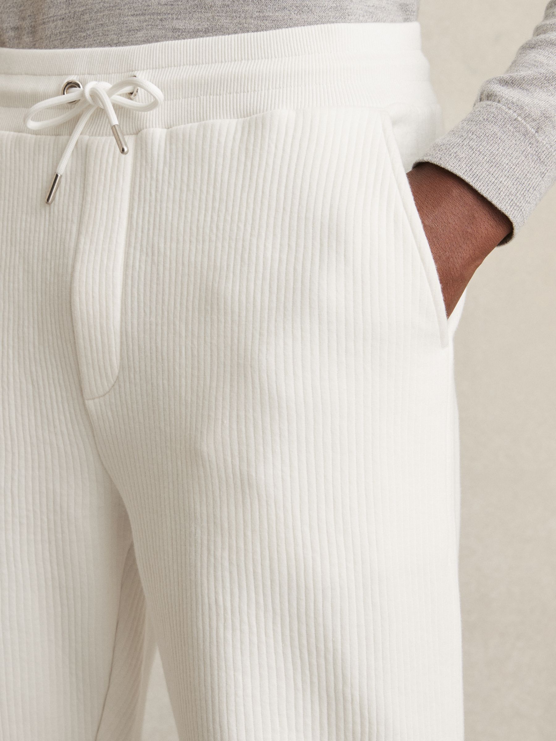 Cotton-Blend Ribbed Drawstring Joggers in White