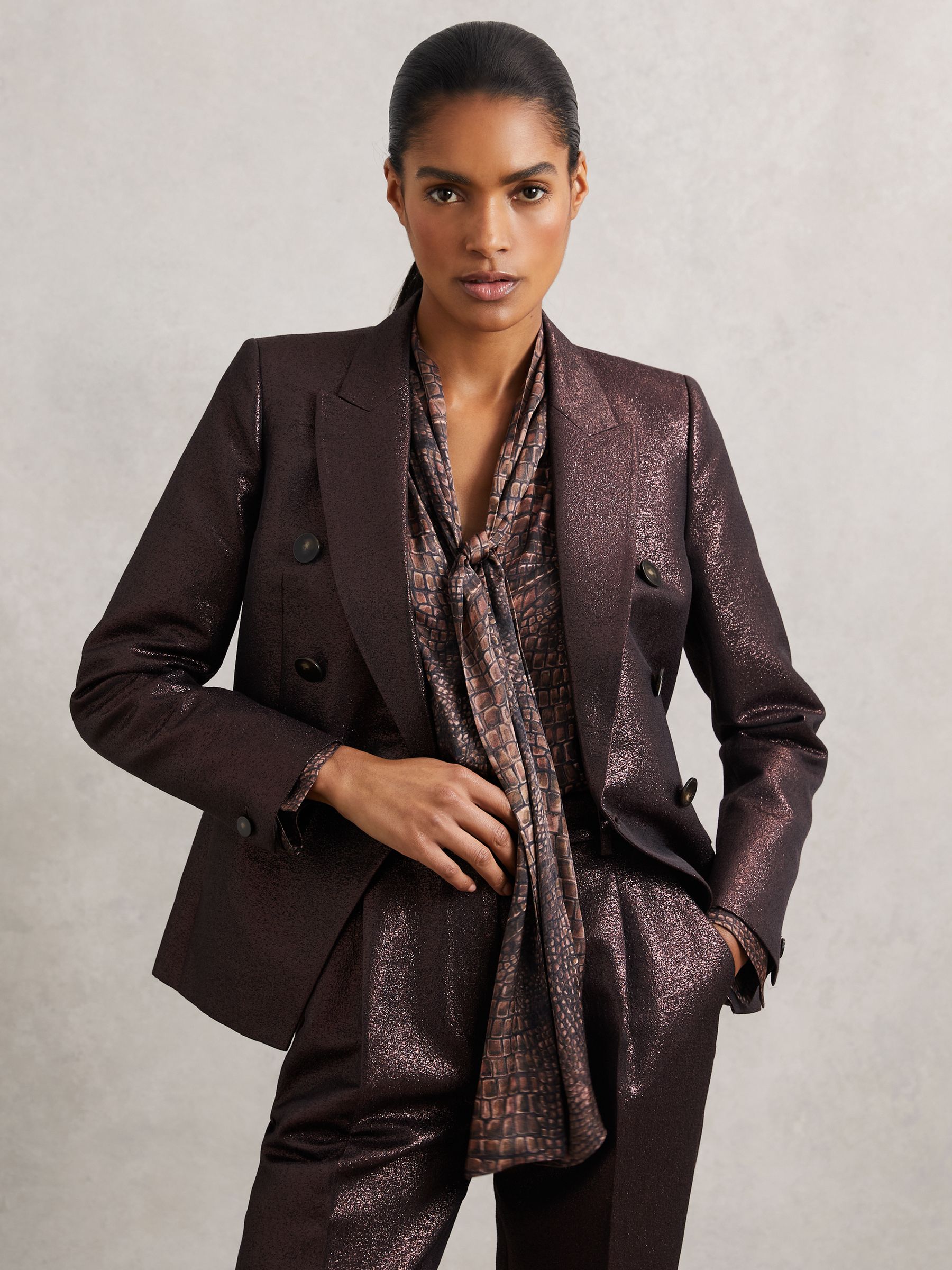 Crocodile-Print Tie-Neck Blouse in Brown