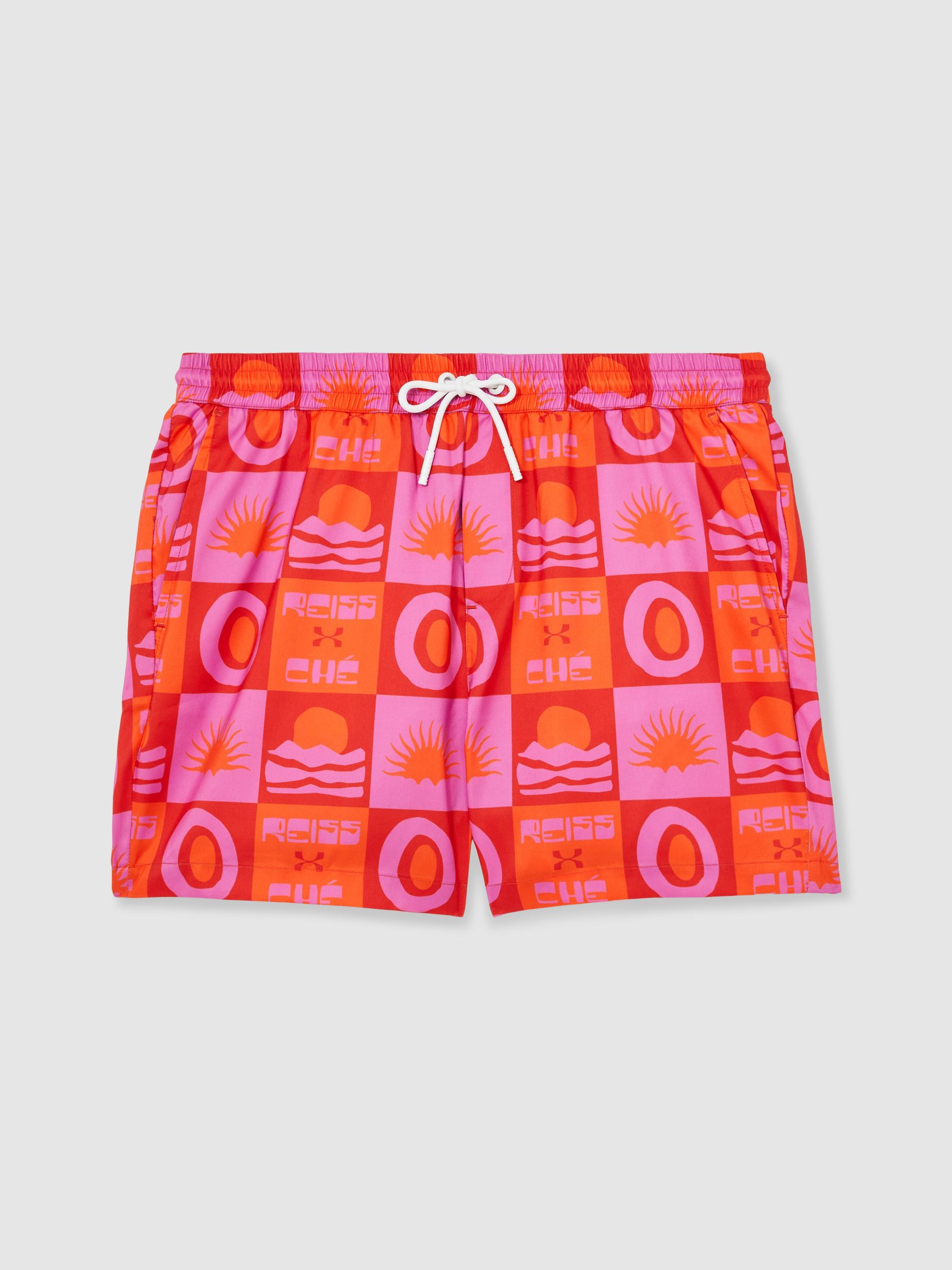 Reiss | Ché Sunset-Print Swim Shorts in Orange/Pink