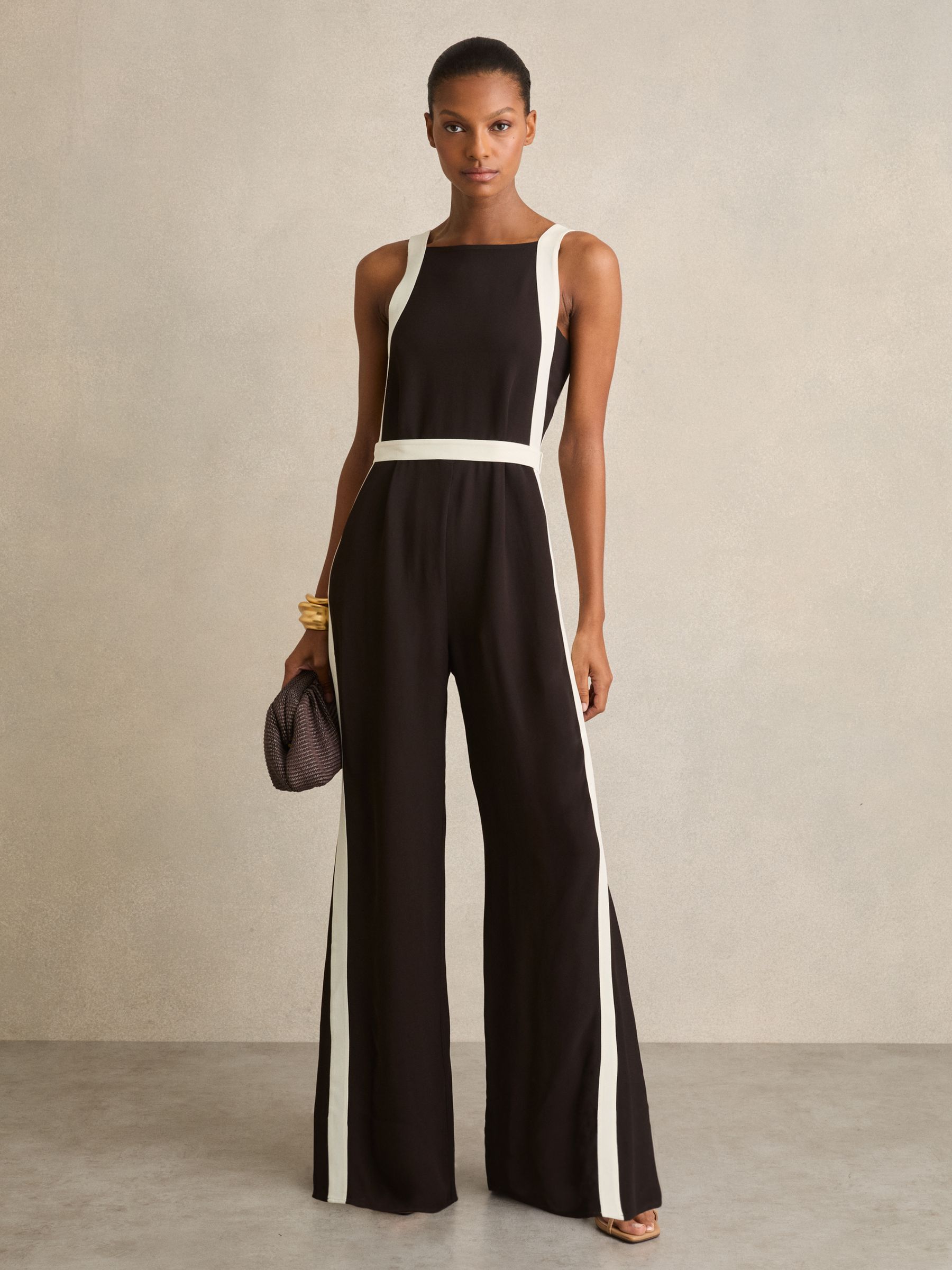 Colourblock Wide Leg Belted Jumpsuit in Chocolate/Cream