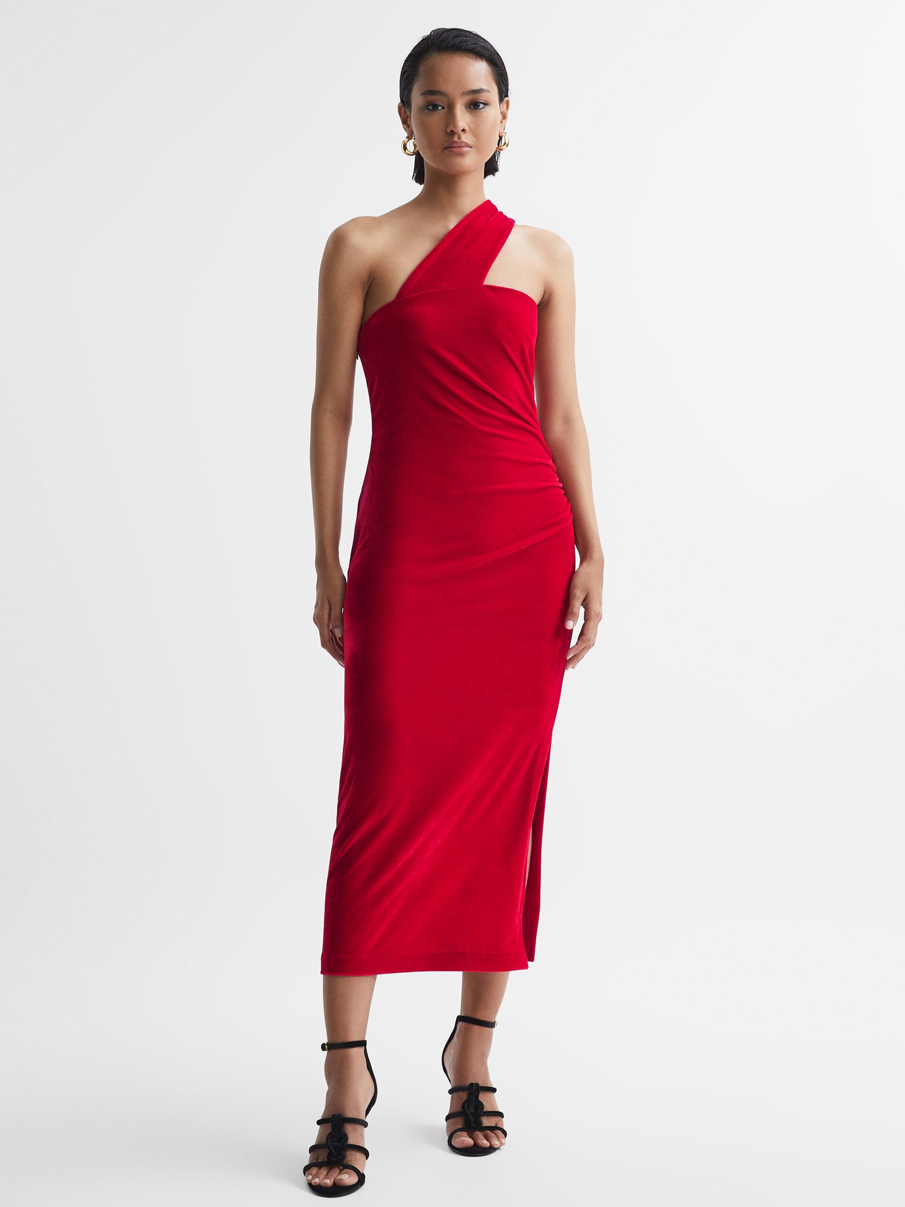 Velvet One-Shoulder Midi Dress in Red