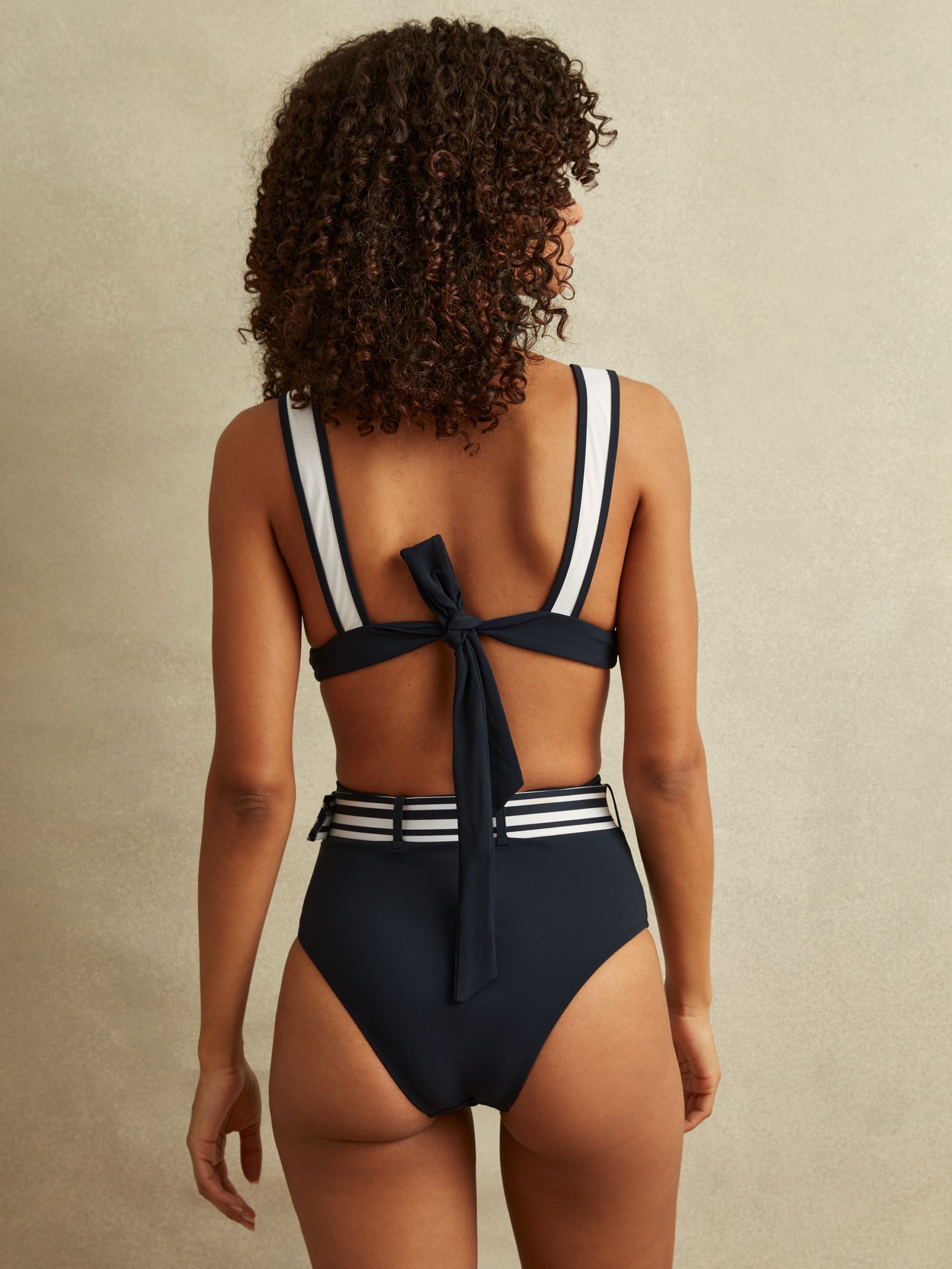 High Rise Belted Bikini Bottoms in Navy/White
