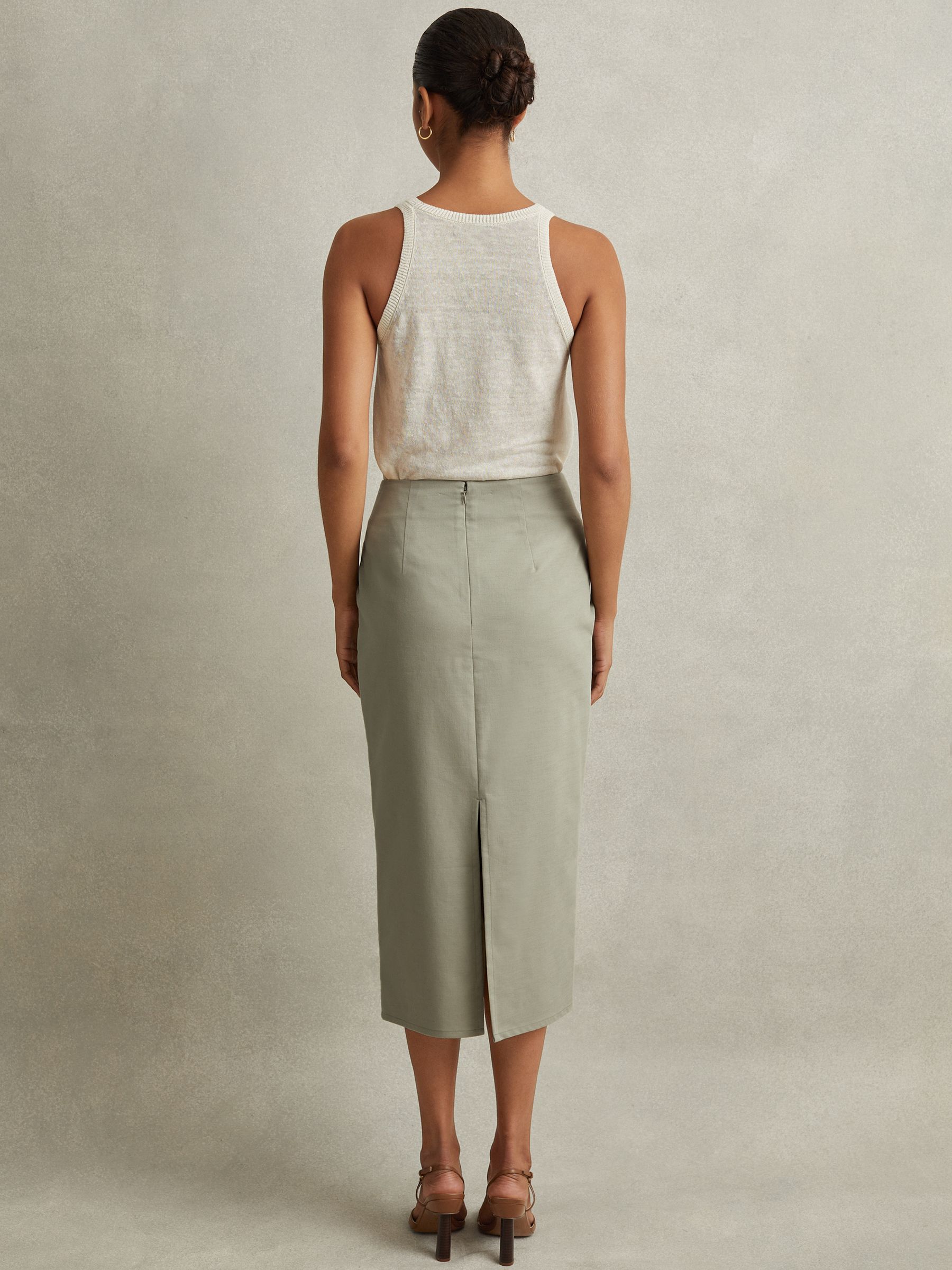 Cotton Blend Wrap Front Midi Skirt in Khaki