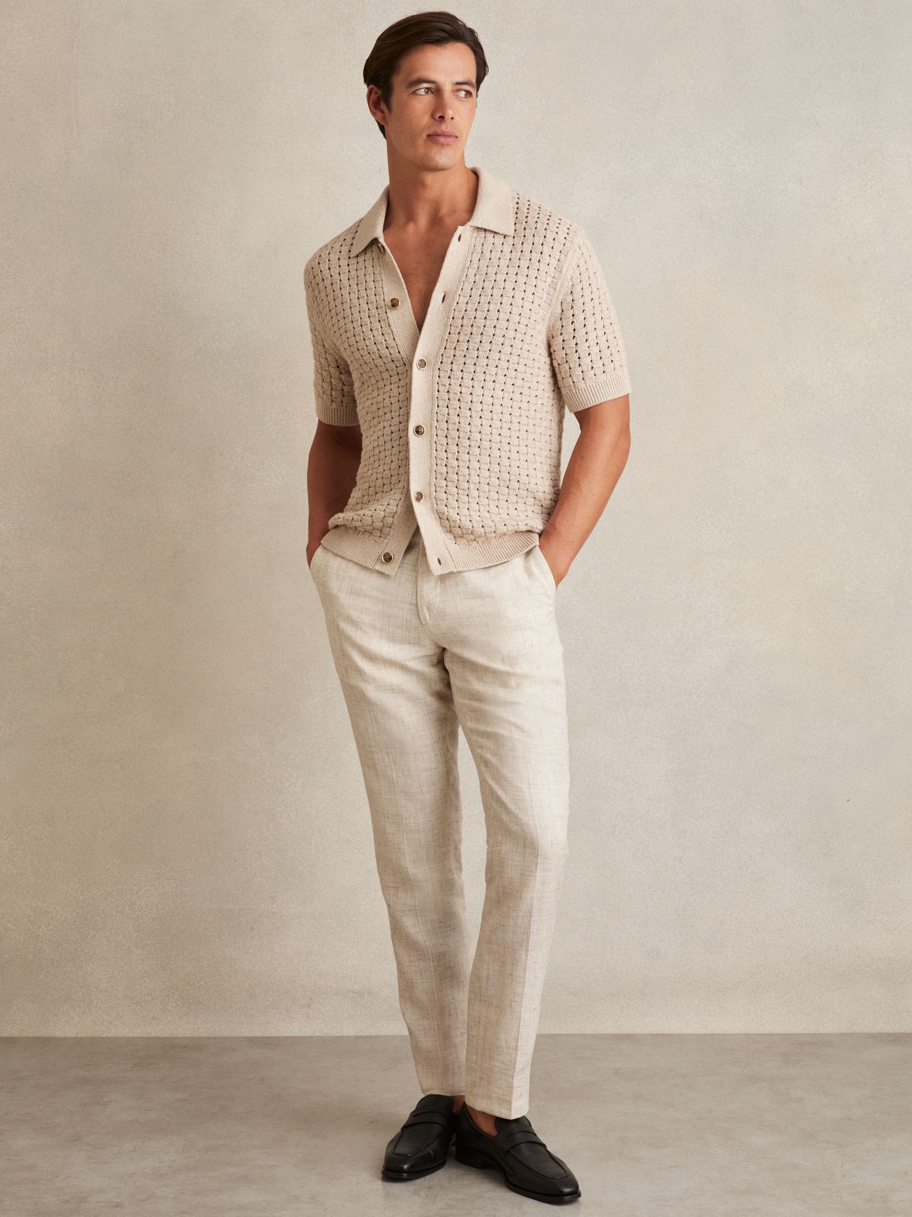 Basketweave Knit Button Through Cotton Blend Shirt in Stone