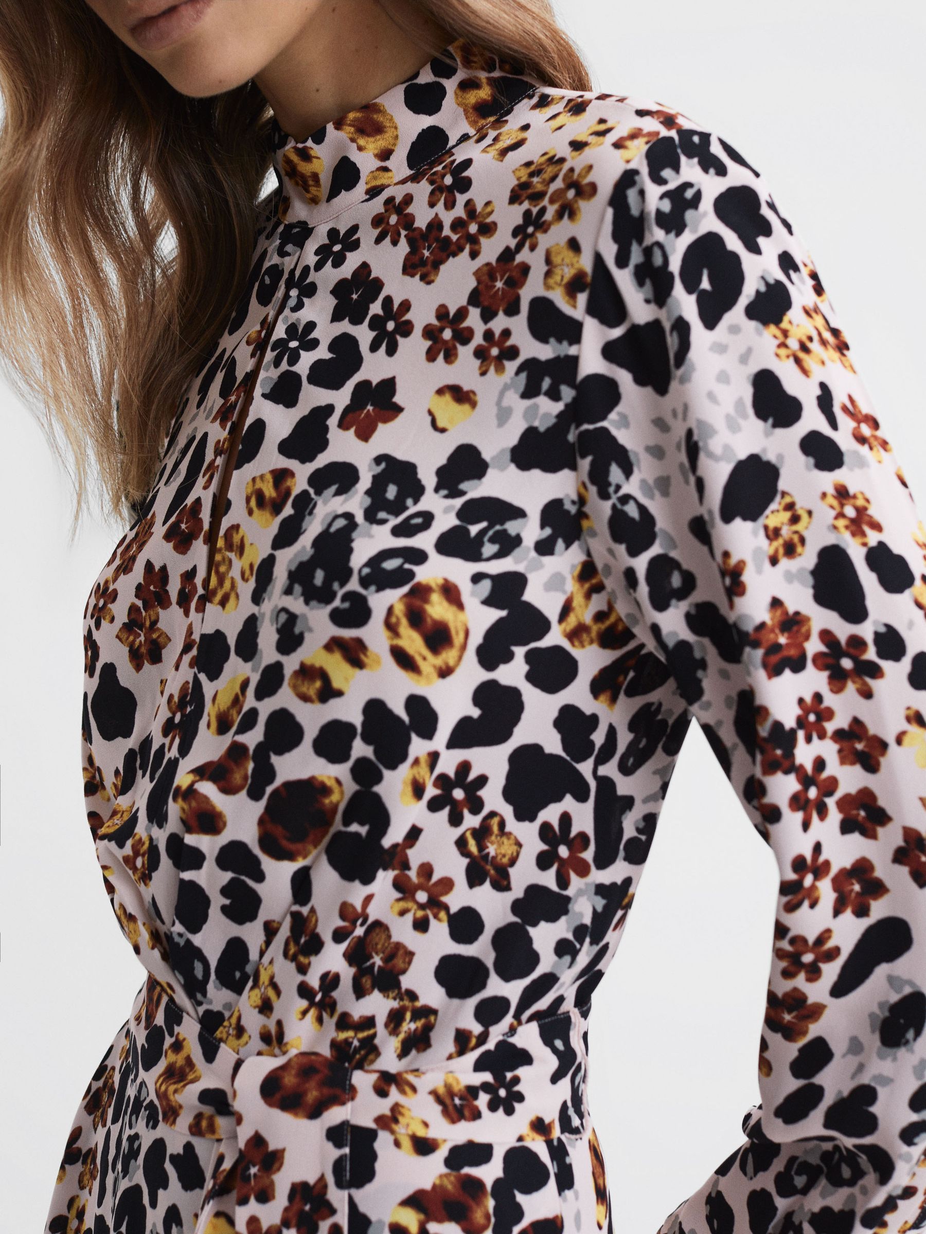 Animal Print Belted Midi Dress in Nude/Black