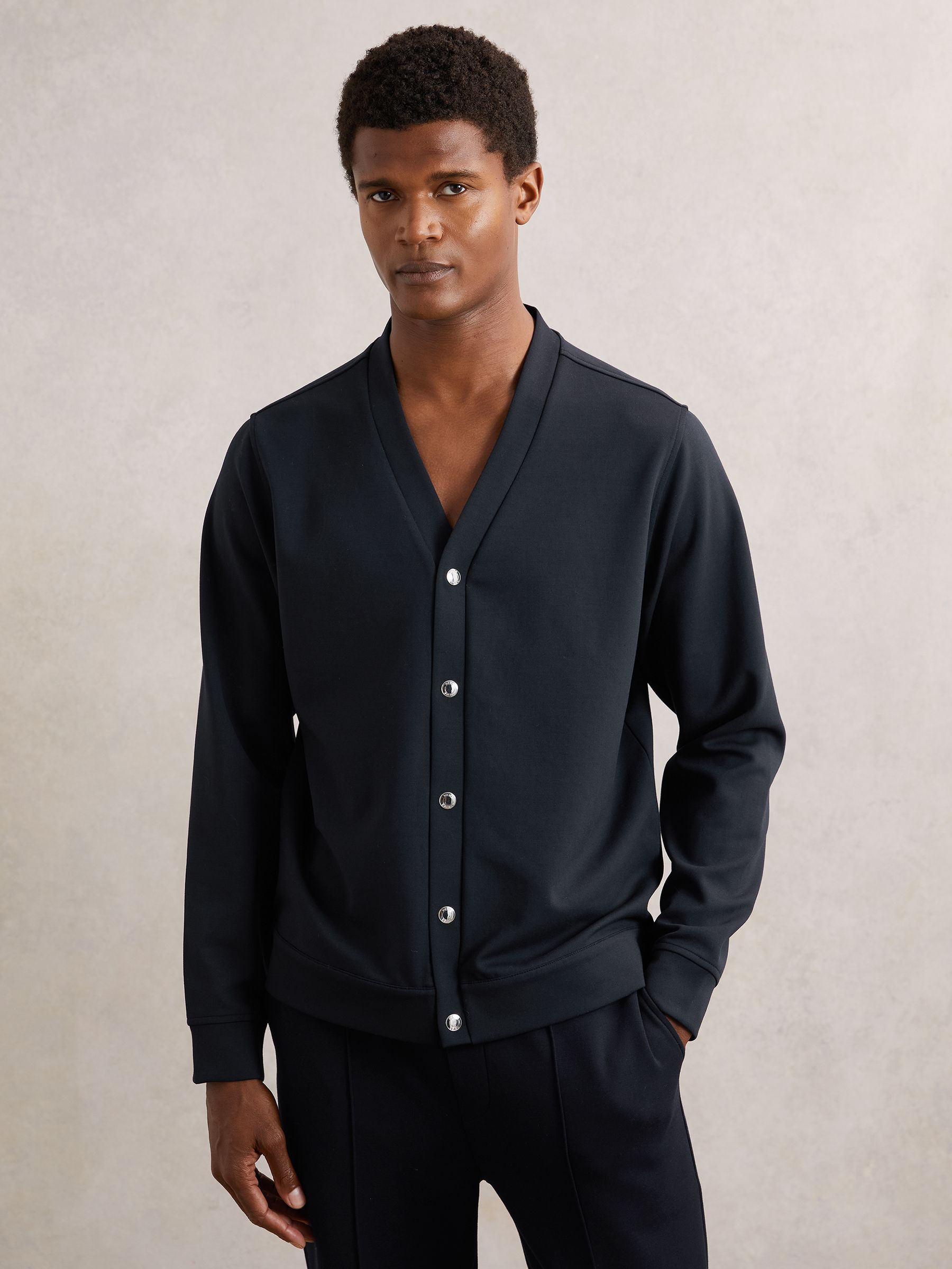 V-Neck Interlock Jersey Cardigan in Navy