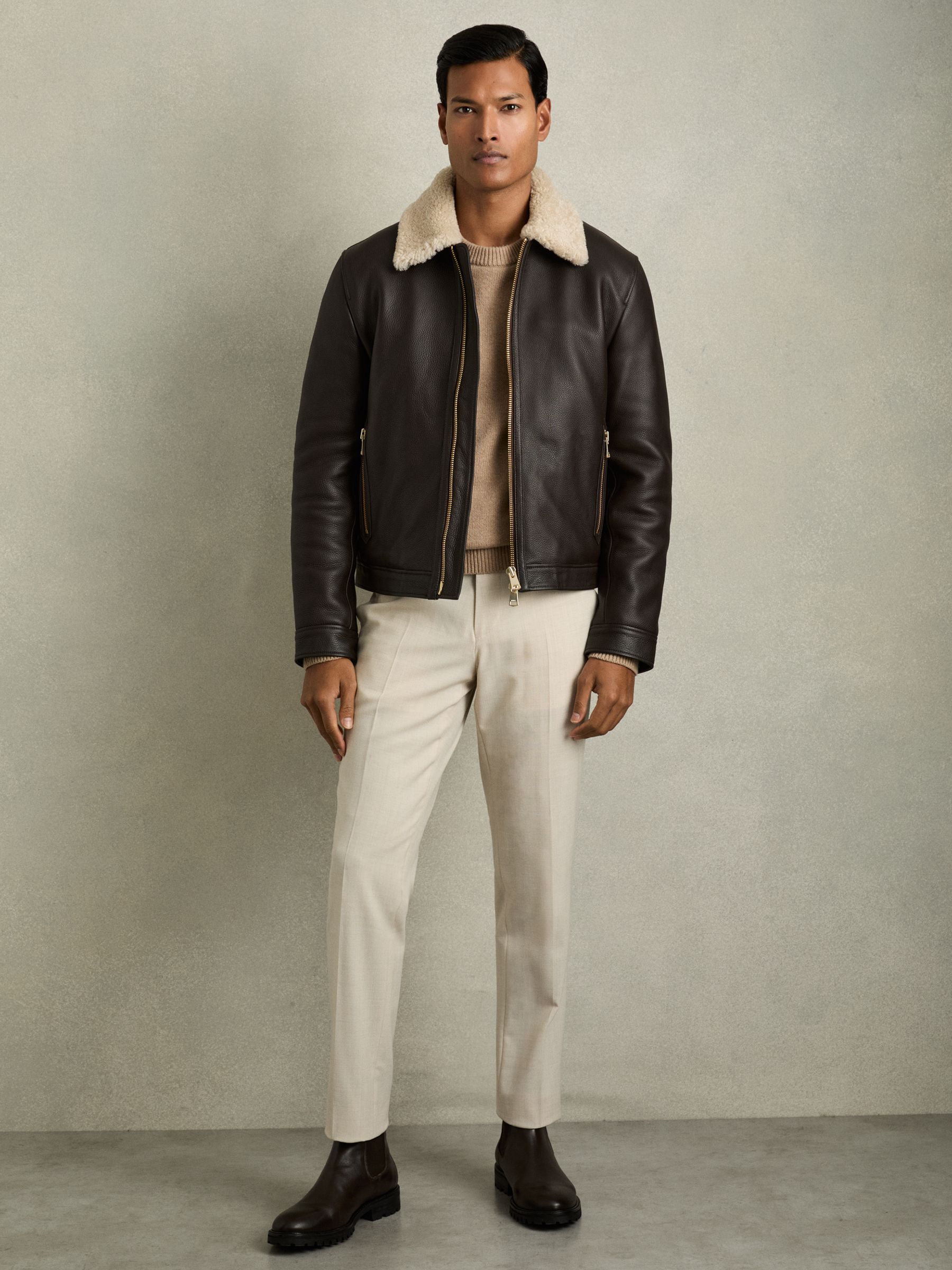 Shearling-Collar Leather Jacket in Dark Brown