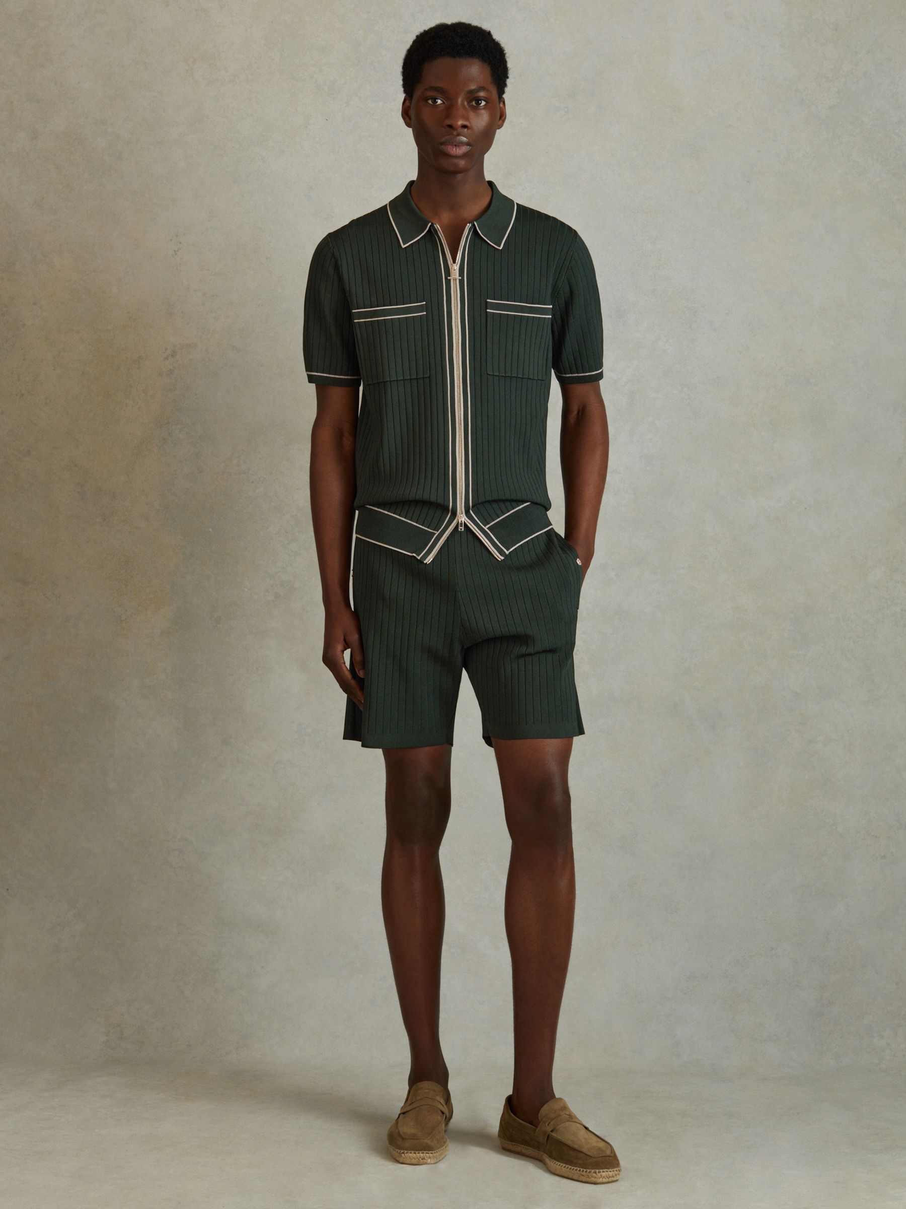 Ribbed Dual Zip-Front Shirt in Dark Green