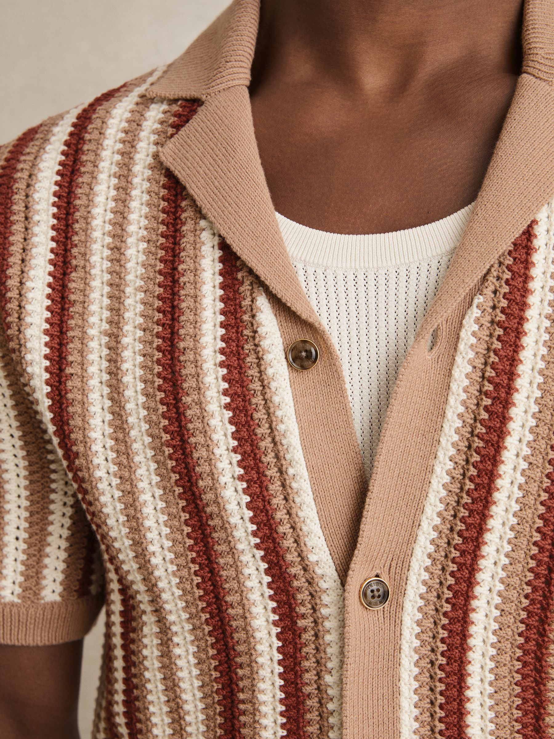 Cotton Crochet Stripe Cuban Shirt in Camel Multi