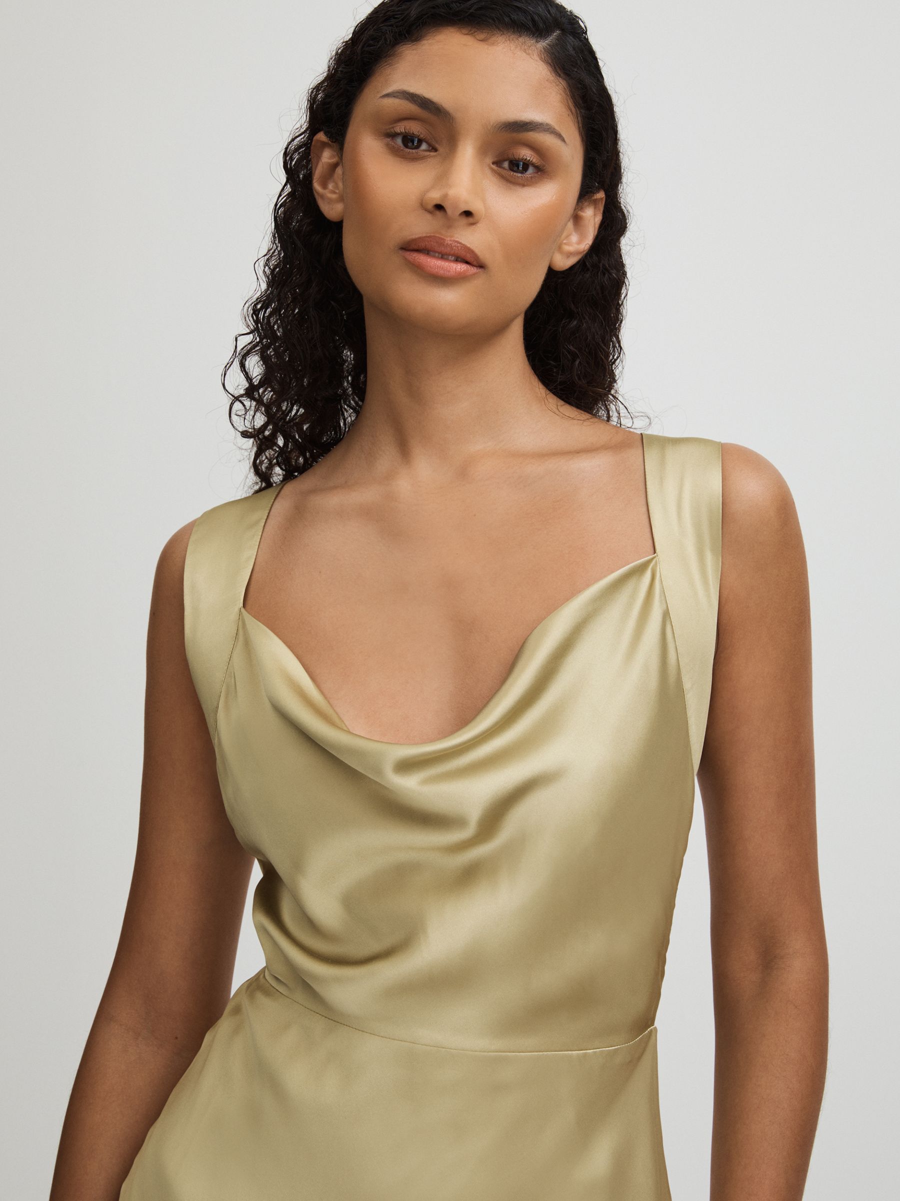 Marcel Olive Paige Olive Silk Satin Cowl Neck Midi Dress