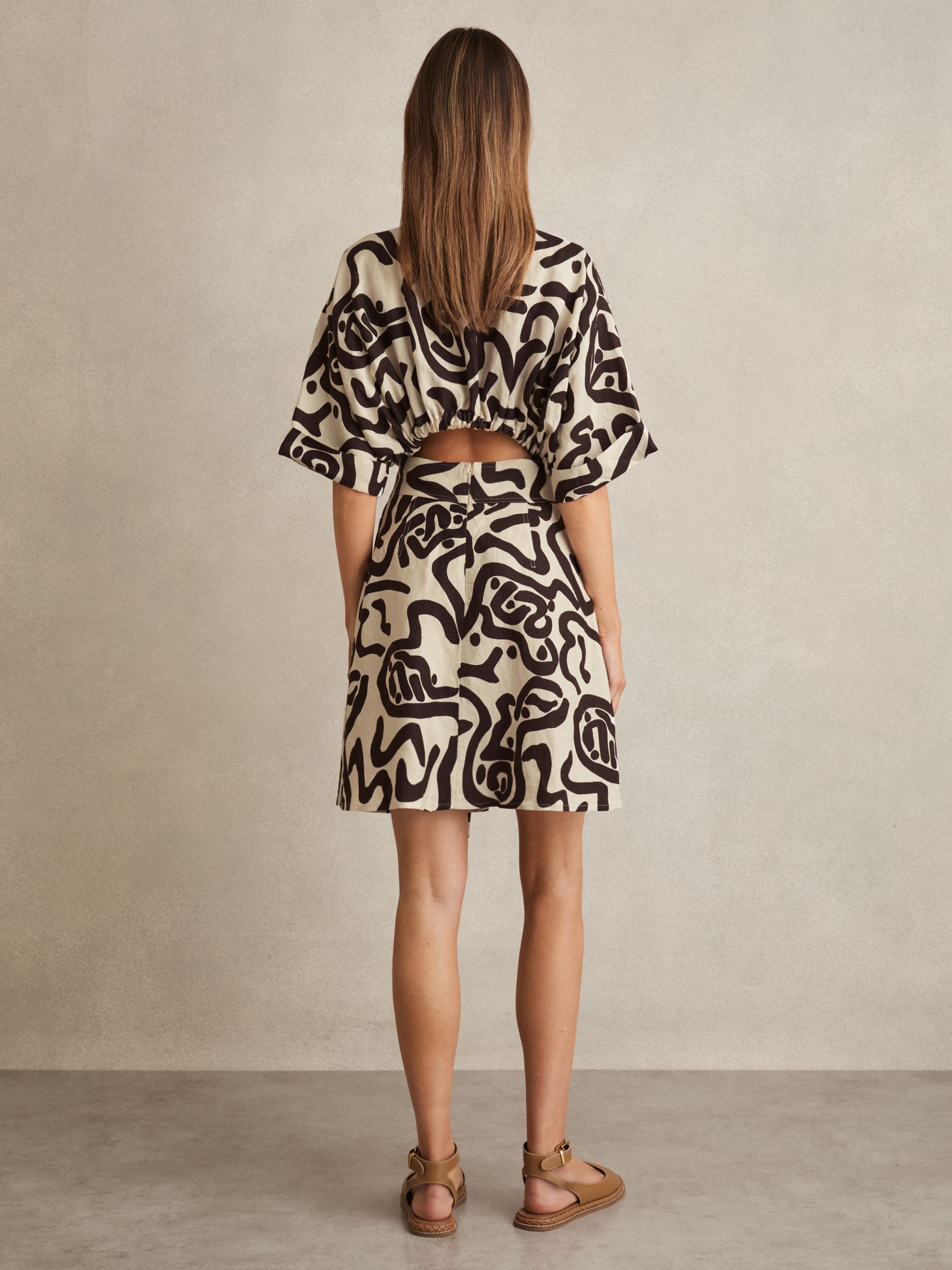 Linen Blend Printed Shirt Dress in Brown/Ivory
