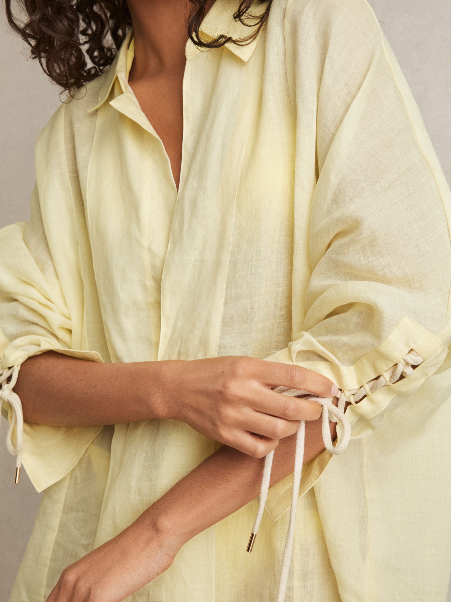 Ramie Open-Collar Kaftan Shirt in Yellow