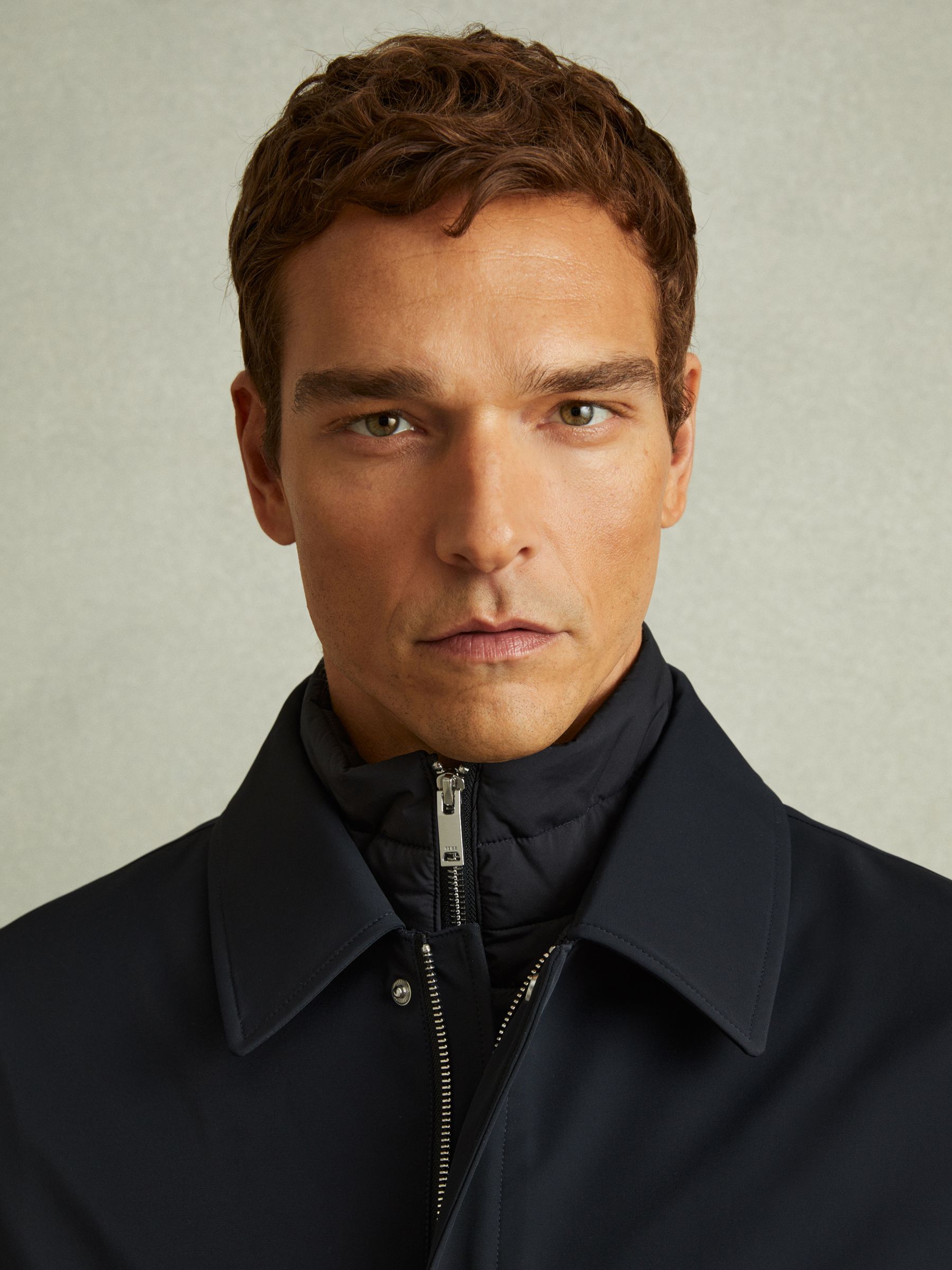Hybrid Removable Funnel Neck Overcoat in Navy