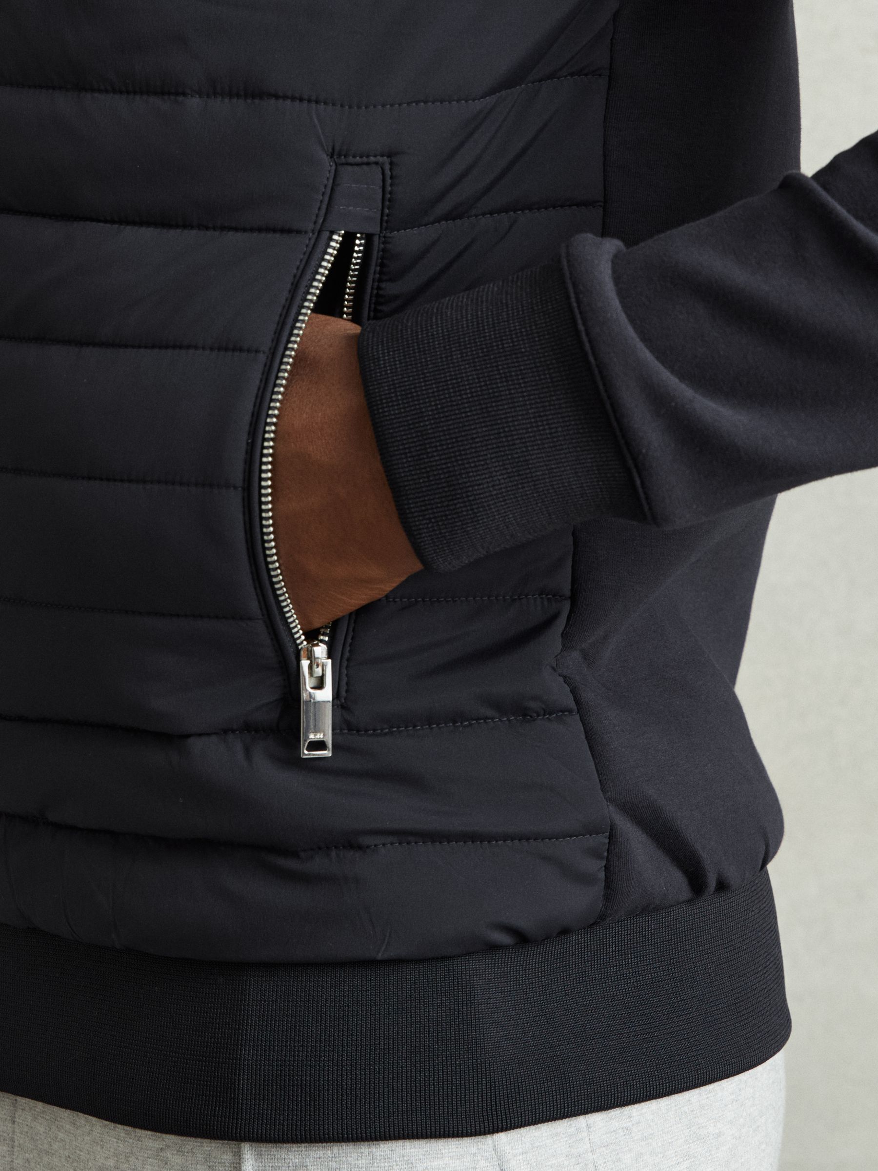 Hybrid Quilt and Knit Zip-Through Jacket in Navy