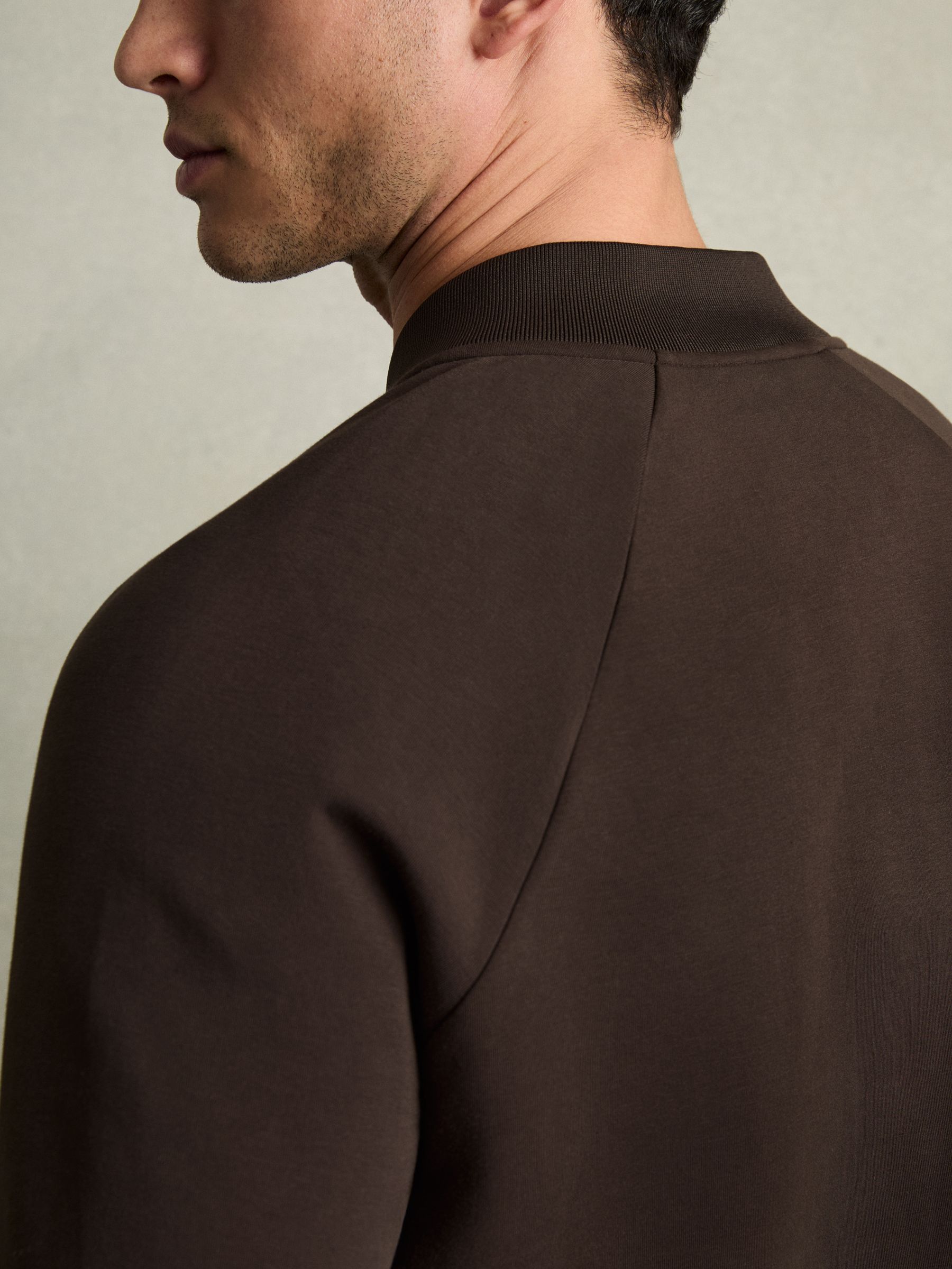 Hybrid Quilt Raglan-Sleeve Bomber Jacket in Dark Chocolate