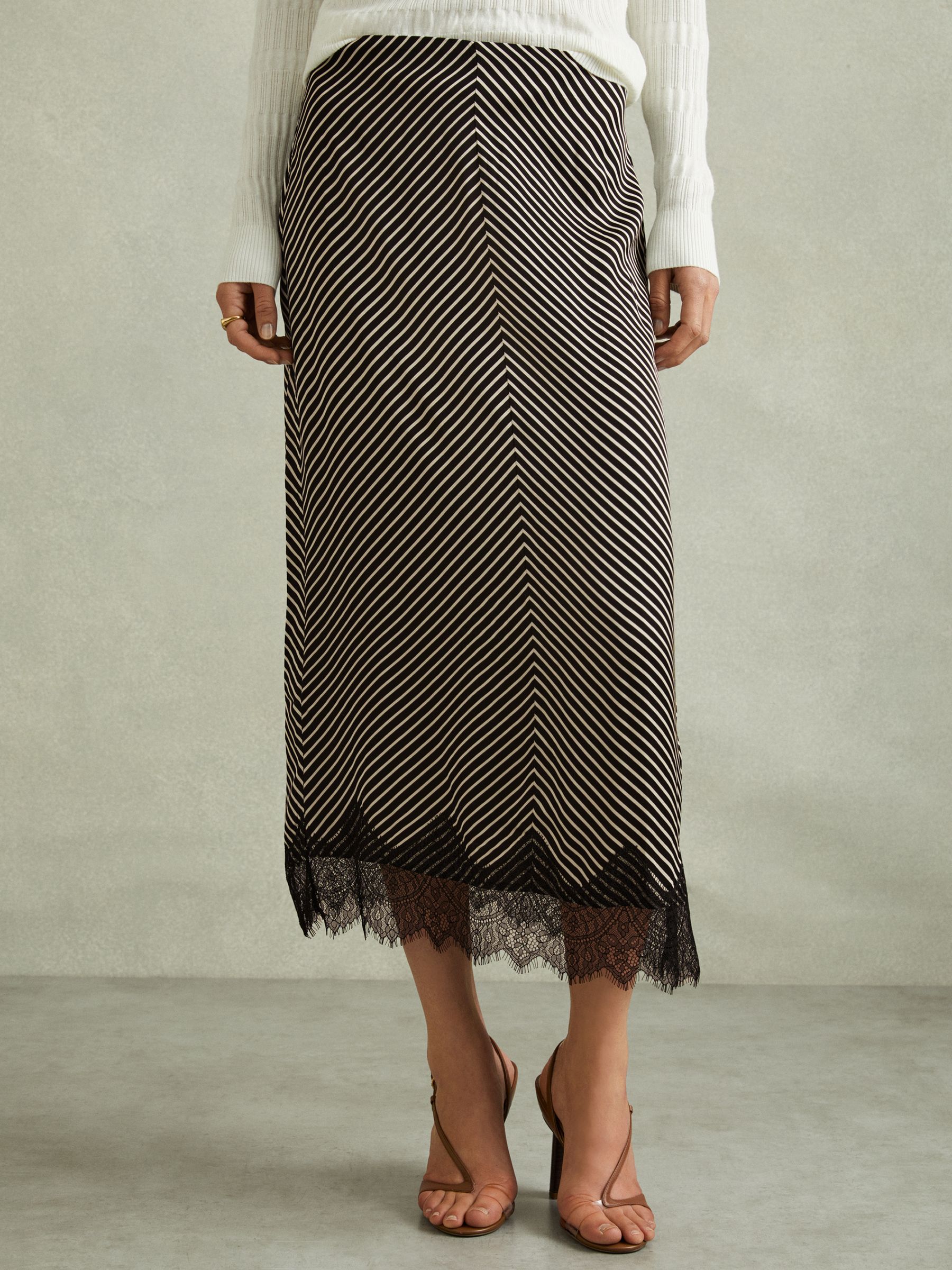 Ivy Black/Ivory Striped Lace Trim Midi Skirt