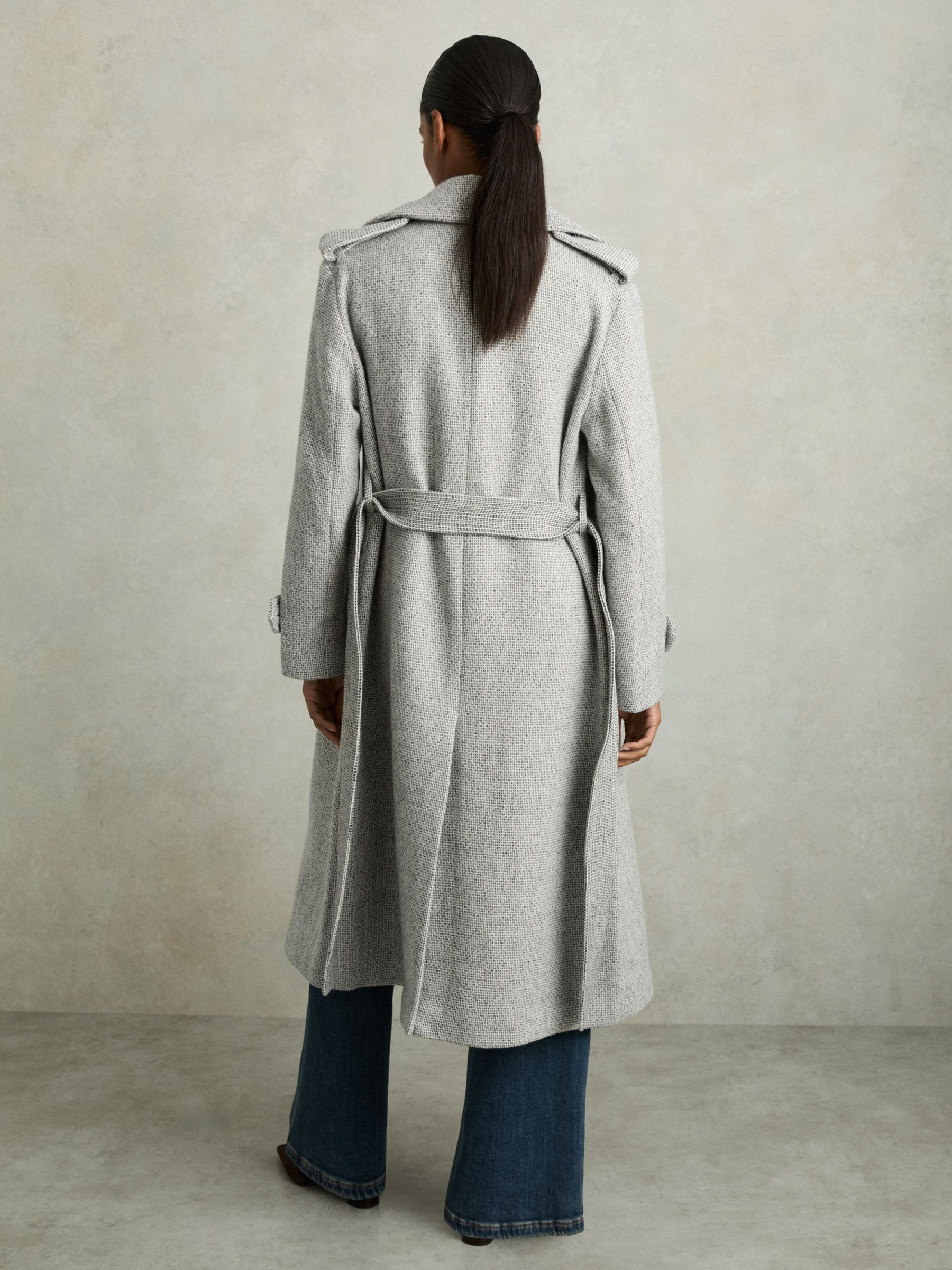 Wool-Blend Double-Breasted Check Trench Coat in Black/White