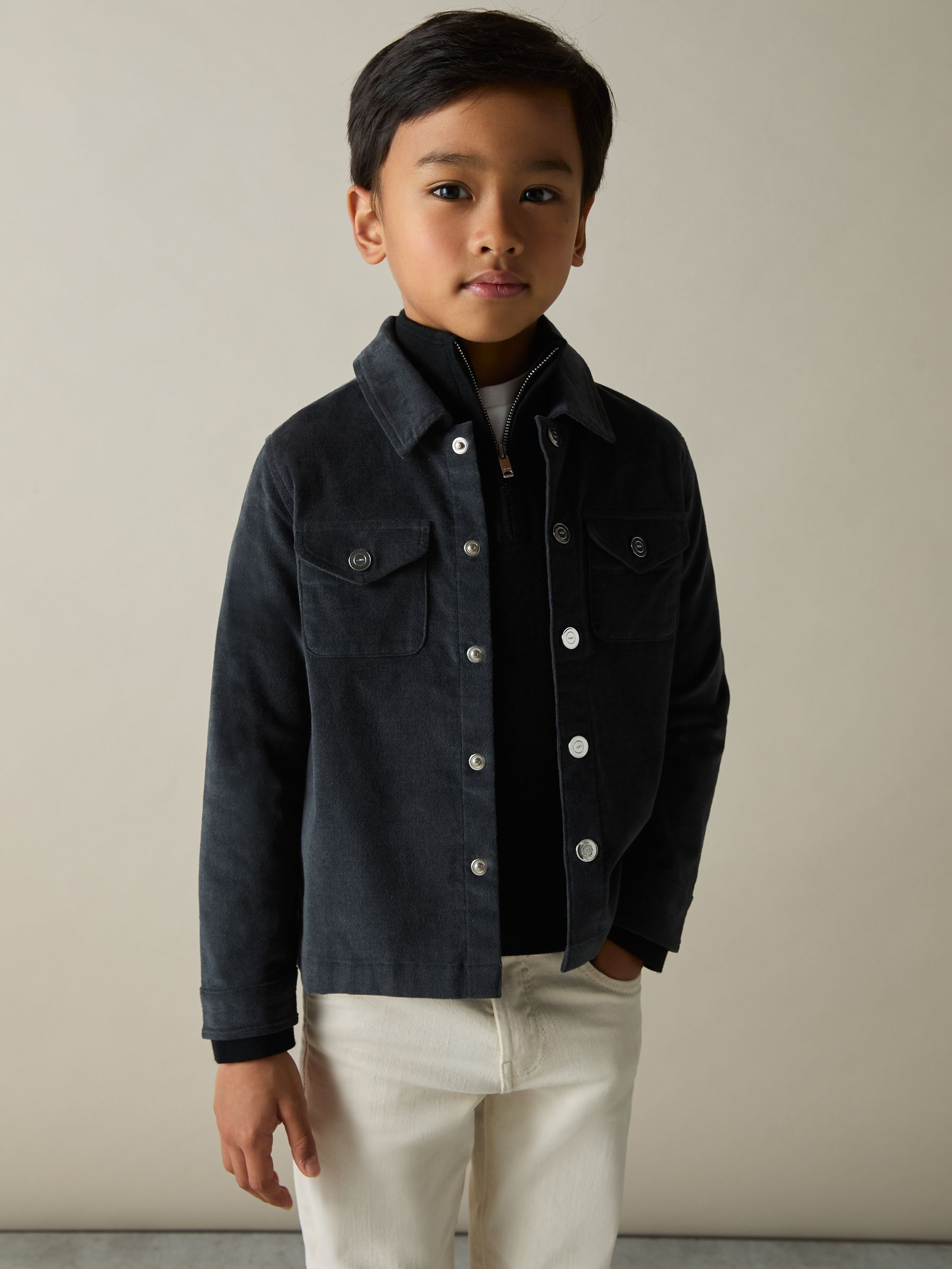 3-9 yrs Velvet Press-Stud Overshirt in Dark Grey