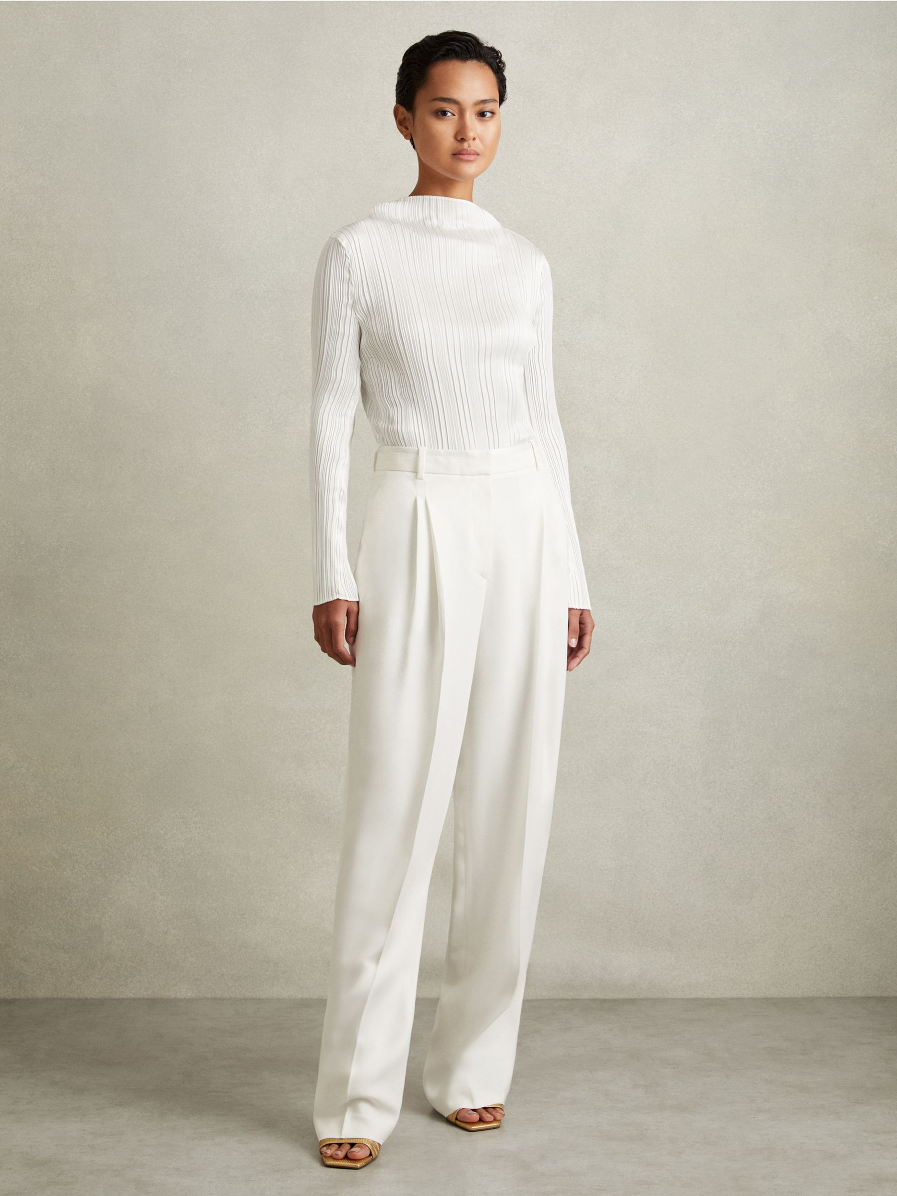 Double Pleat Wide Leg Tux Trousers in Cream