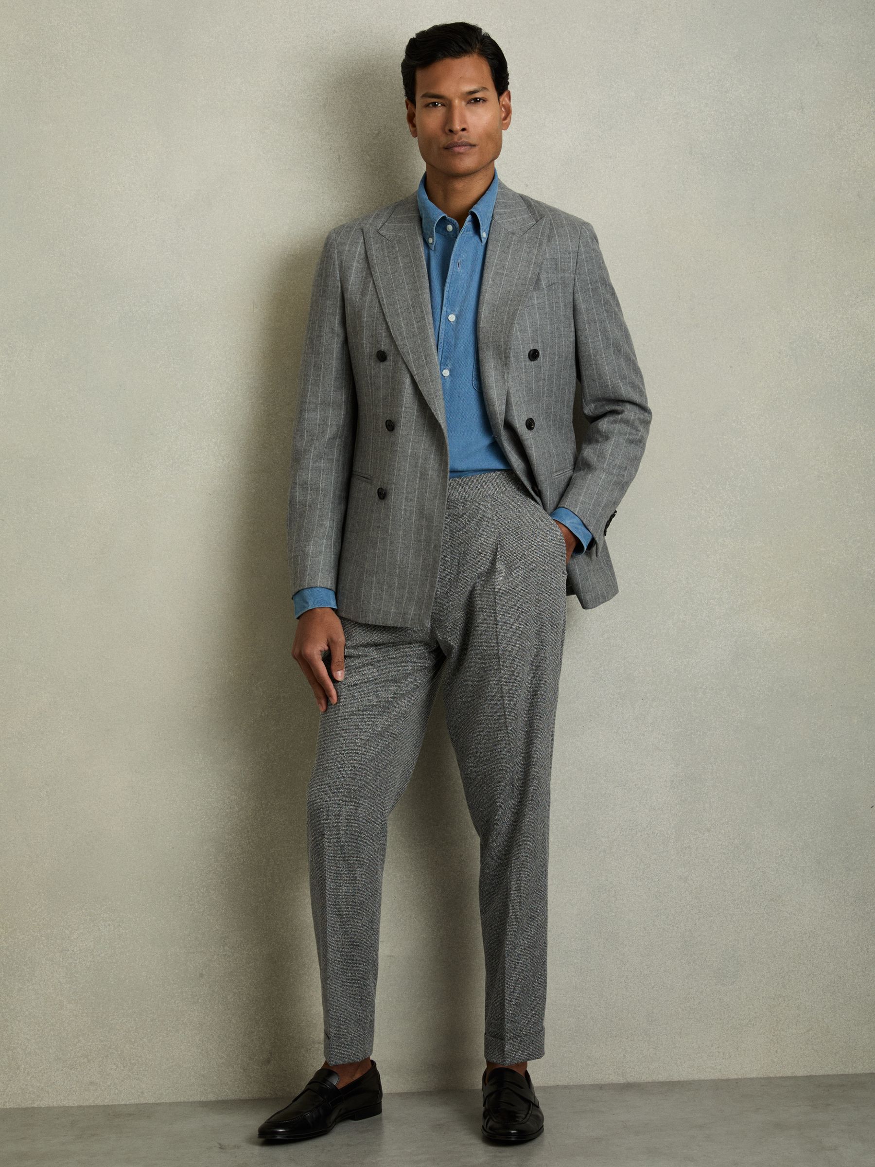 Puppytooth-Check Tailored Trousers in Soft Grey