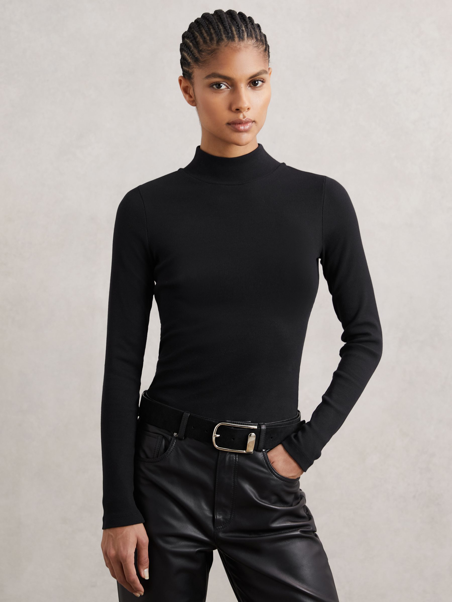Stretch-Cotton Funnel-Neck Top in Black