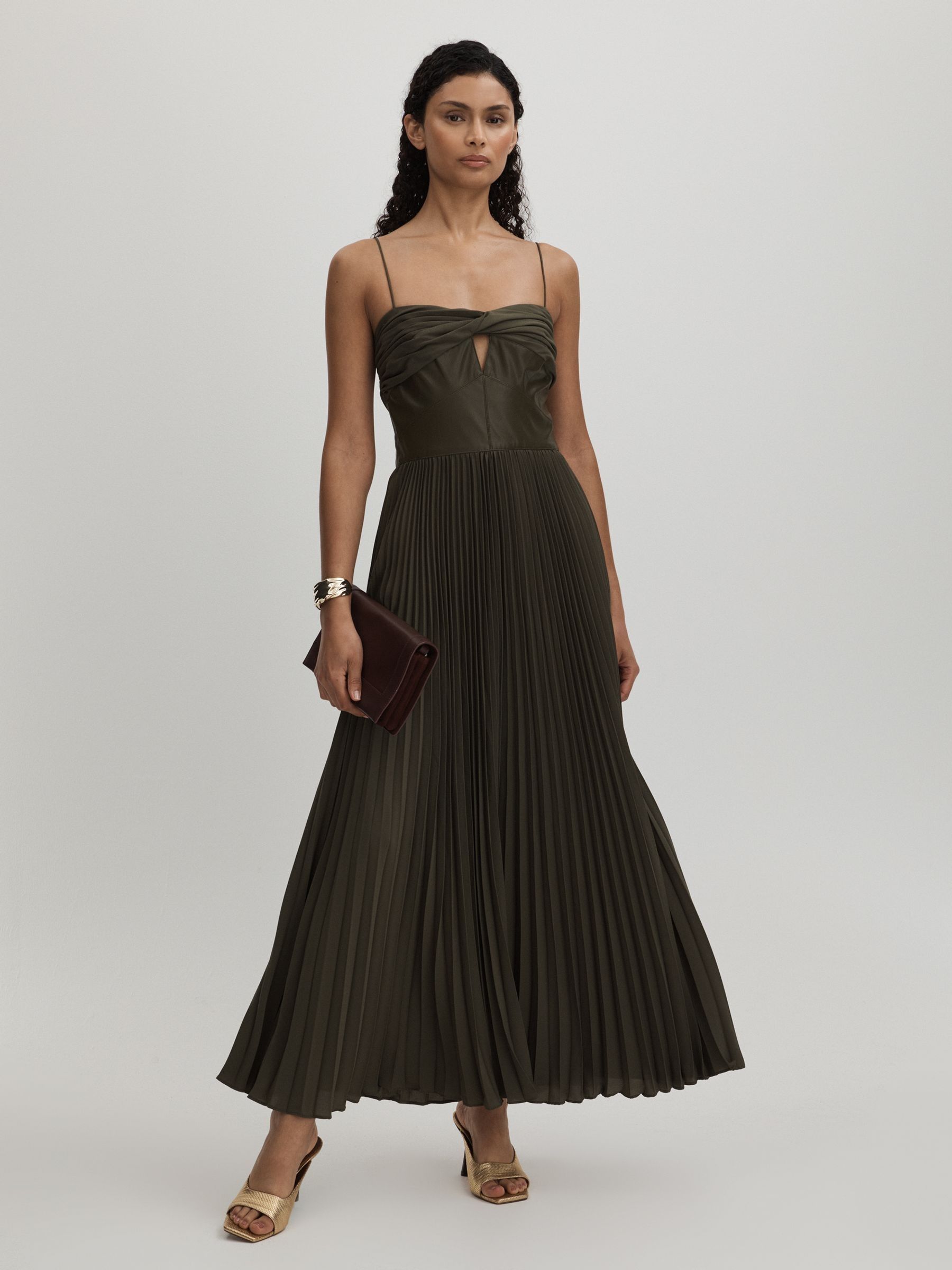 Amur Twist Pleated Maxi Dress in Olive