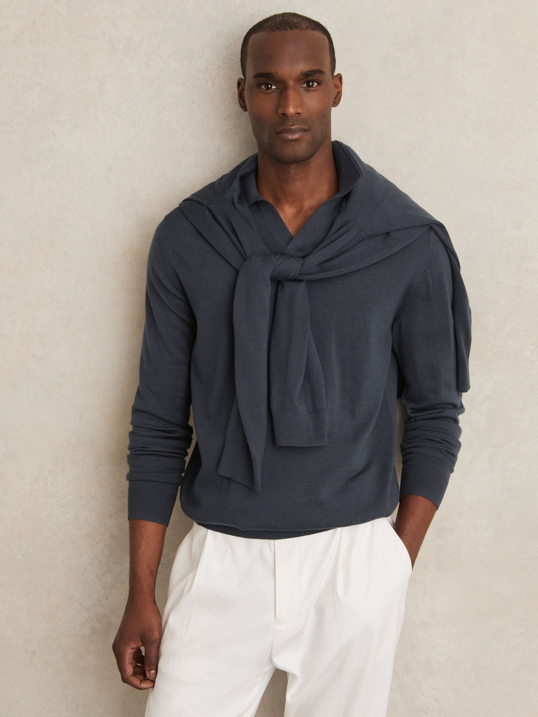 Merino Wool Open-Collar Polo Shirt in Midnight Navy