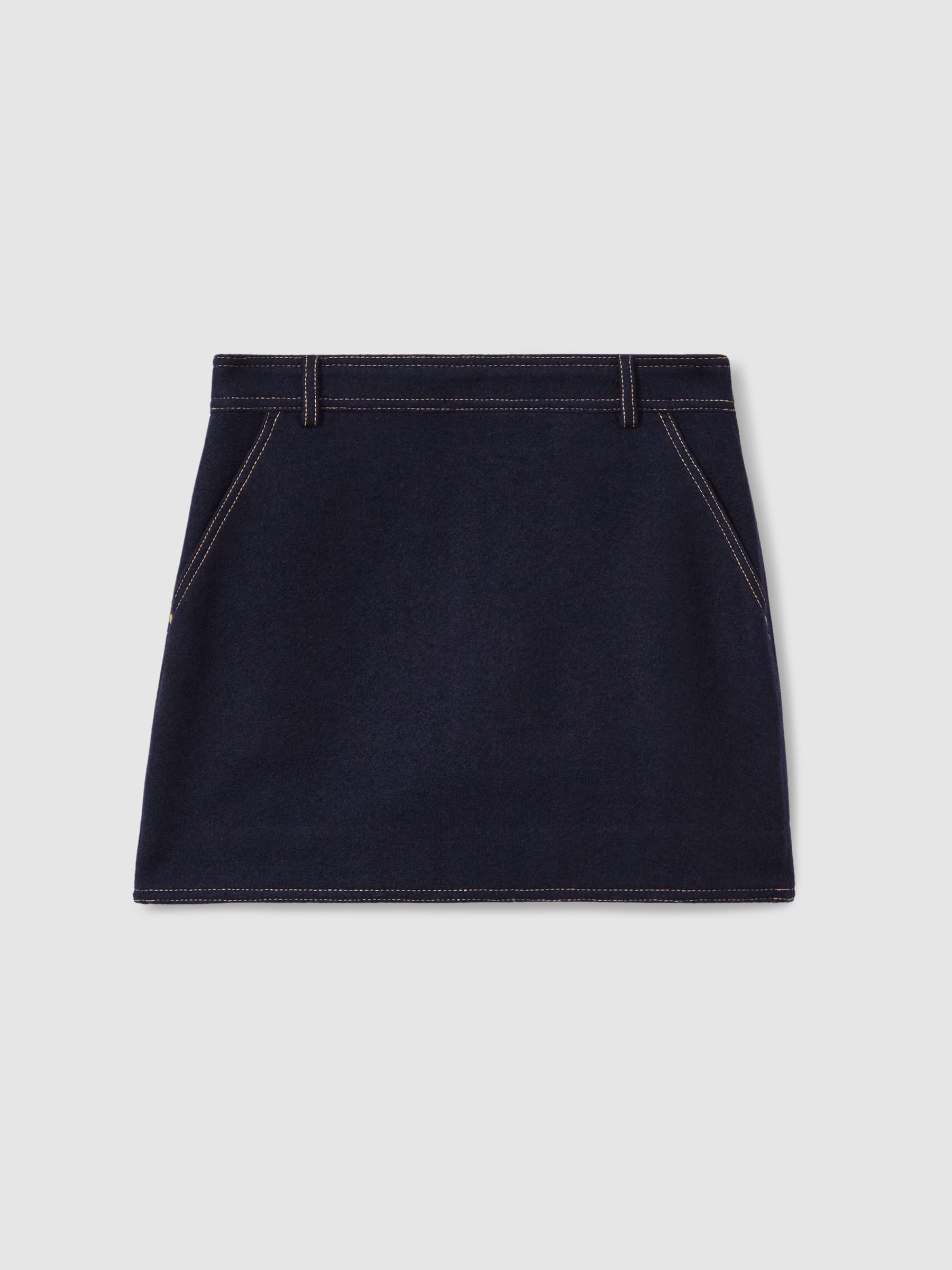 Wool-Blend Topstitched Mini Skirt in Navy