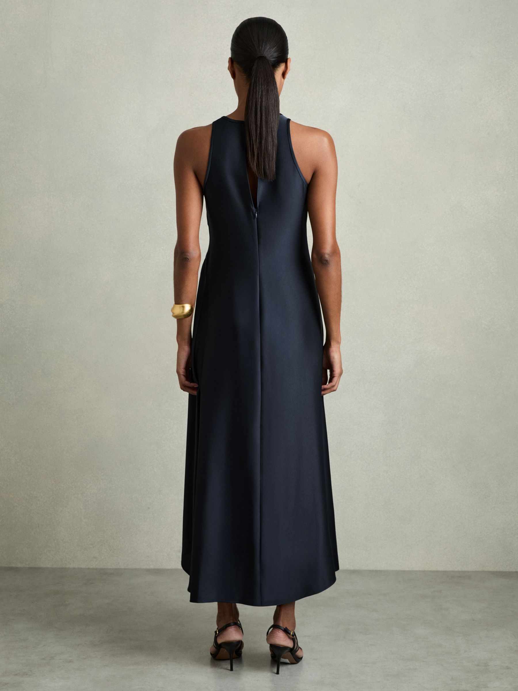 Petite Satin Shirred Midi Dress in Navy
