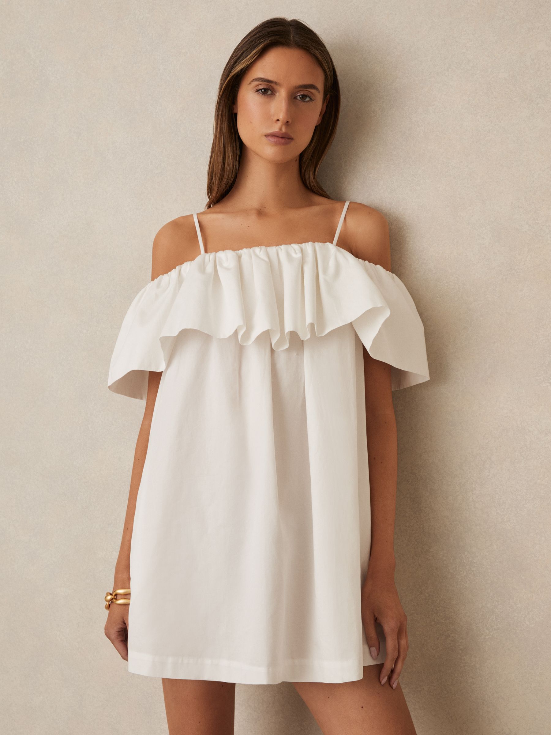 Cotton Off Shoulder Mini Dress in Ivory Cream