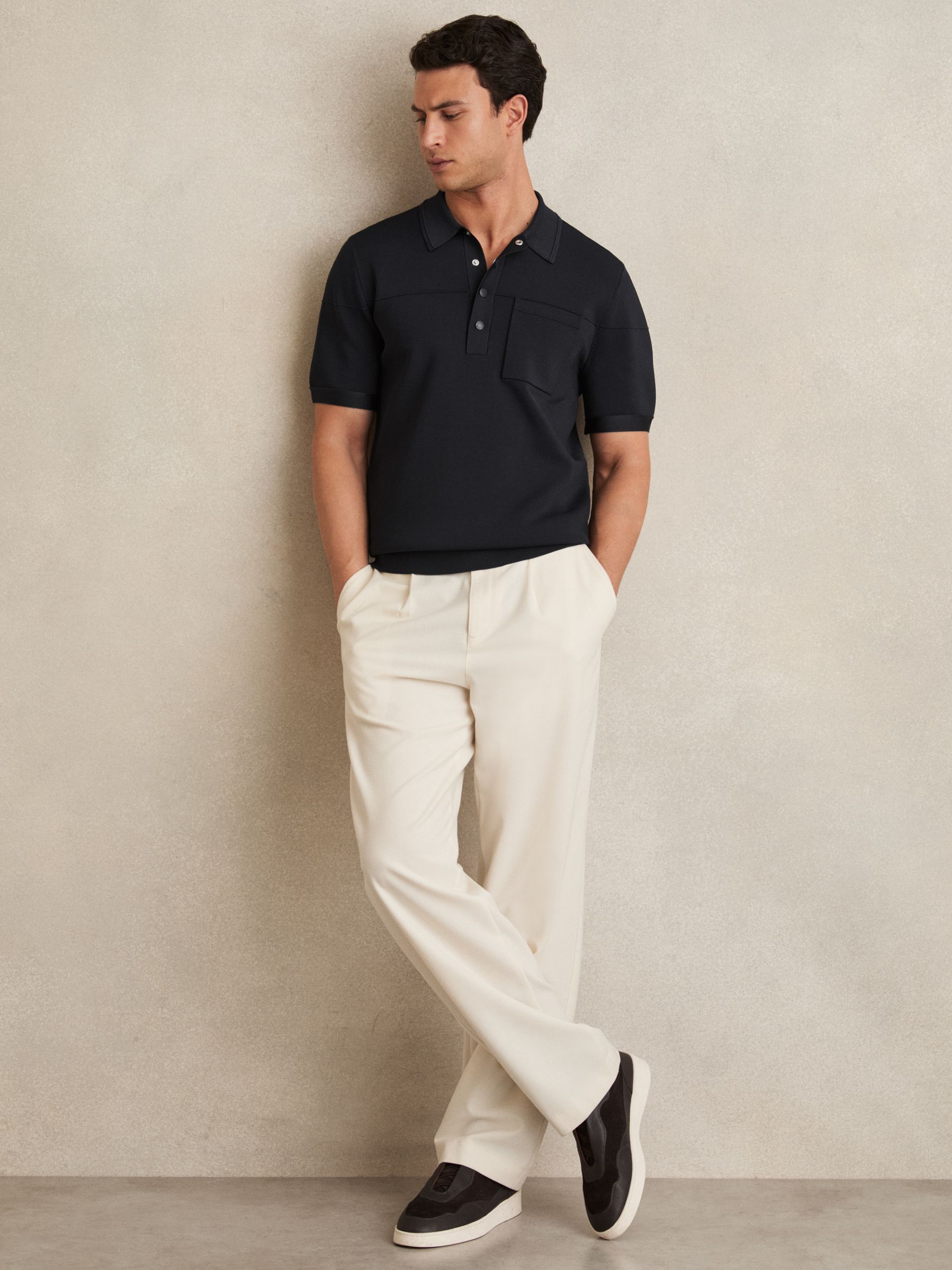 Press-Stud Seam-Detail Polo Shirt in Navy