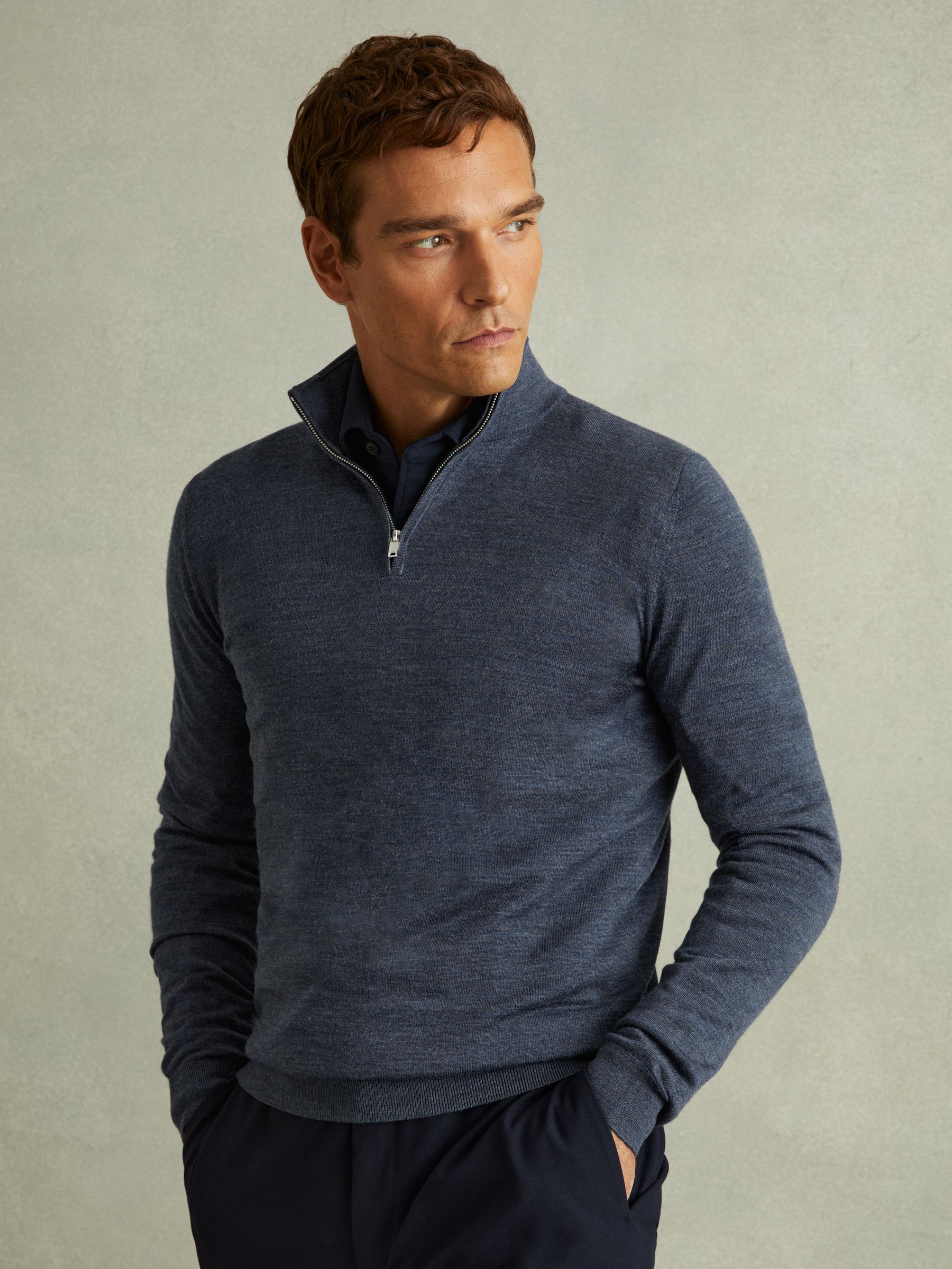 Merino Wool Half-Zip Funnel Neck Jumper in Dark Airforce Blue Melange