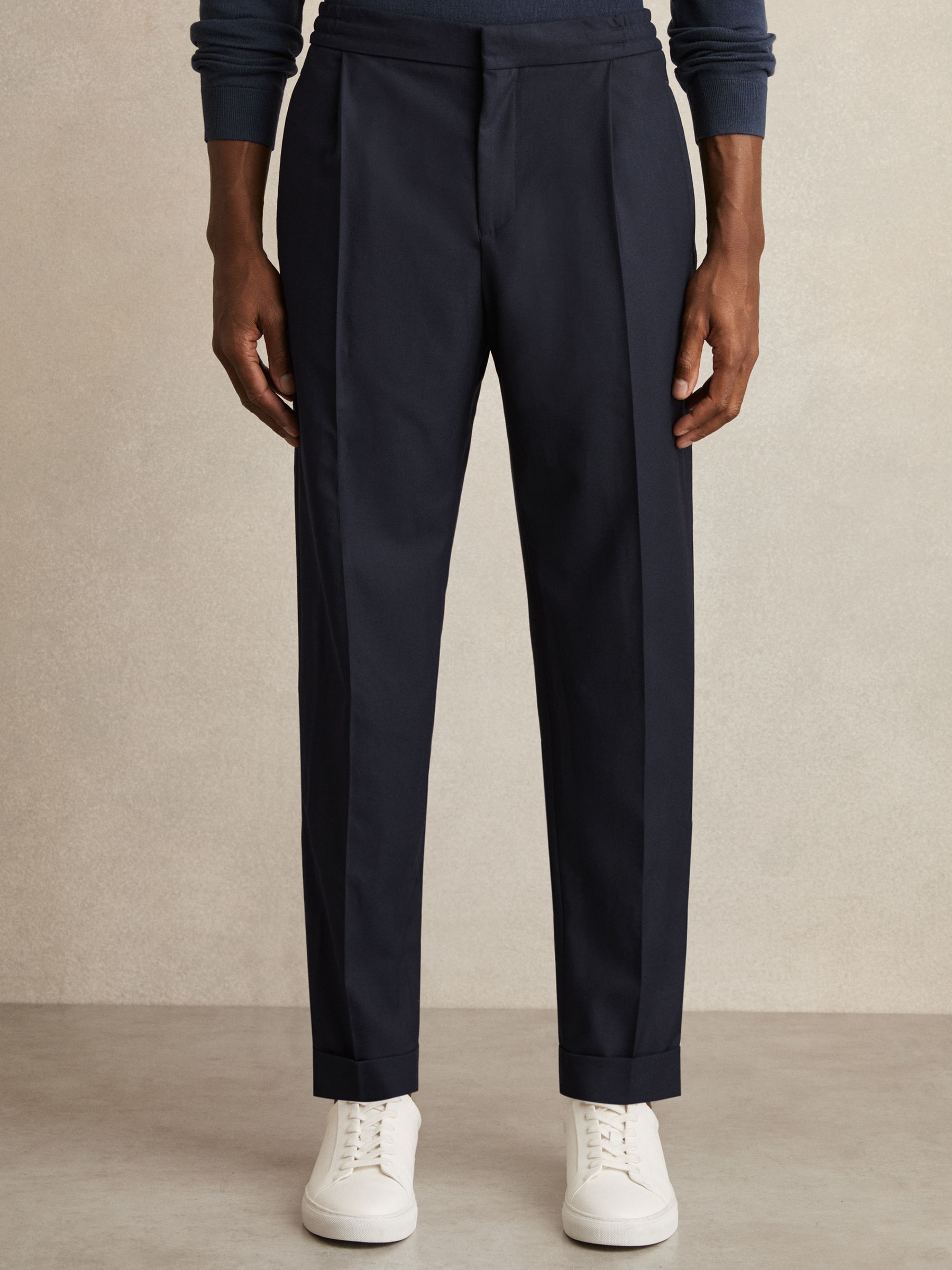 Relaxed Drawstring Trousers with Turn-Ups in Navy
