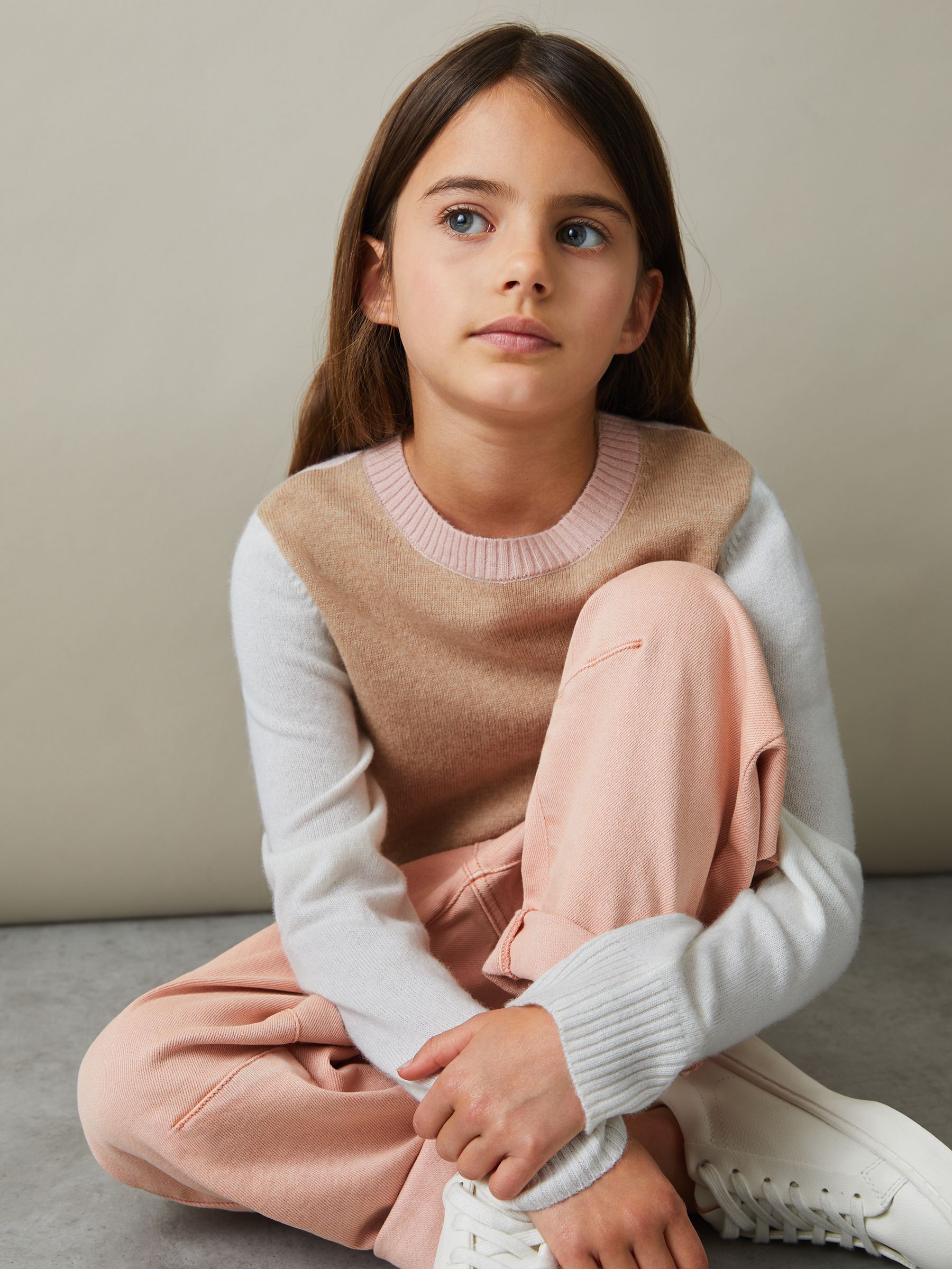 13-14 yrs Wool Blend Striped Crew Neck Jumper in Camel