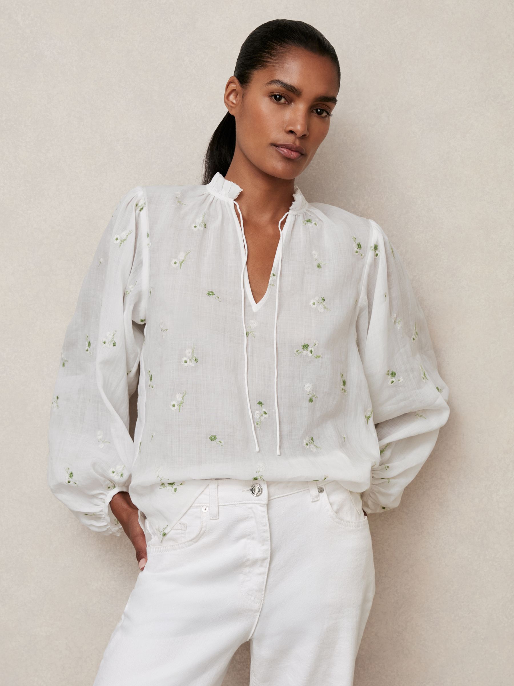 Floral-Embroidered Tie-Neck Blouse Ramie-Lyocell in Ivory