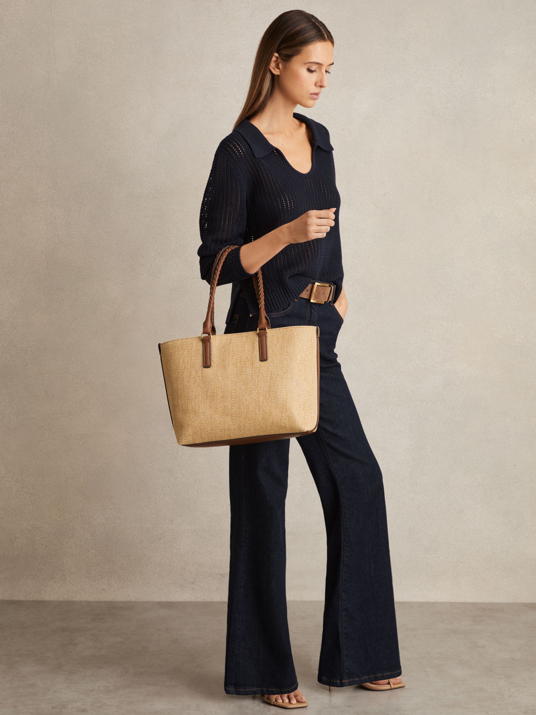 Raffia Braided Strap Tote Bag in Tan