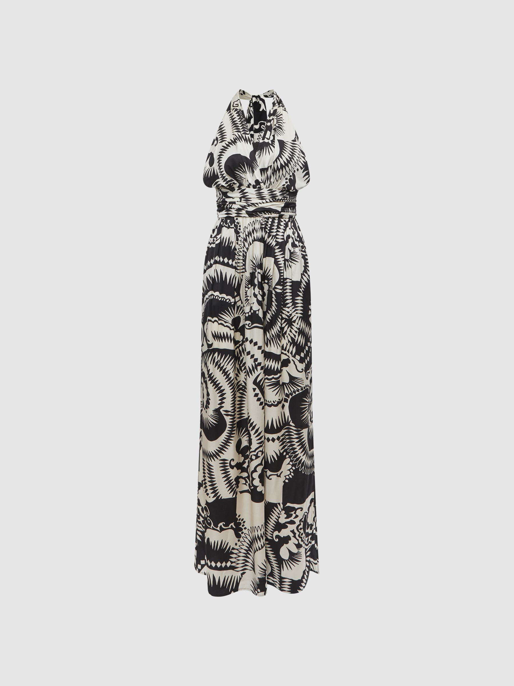 Printed Halter Neck Maxi Dress in Black/White