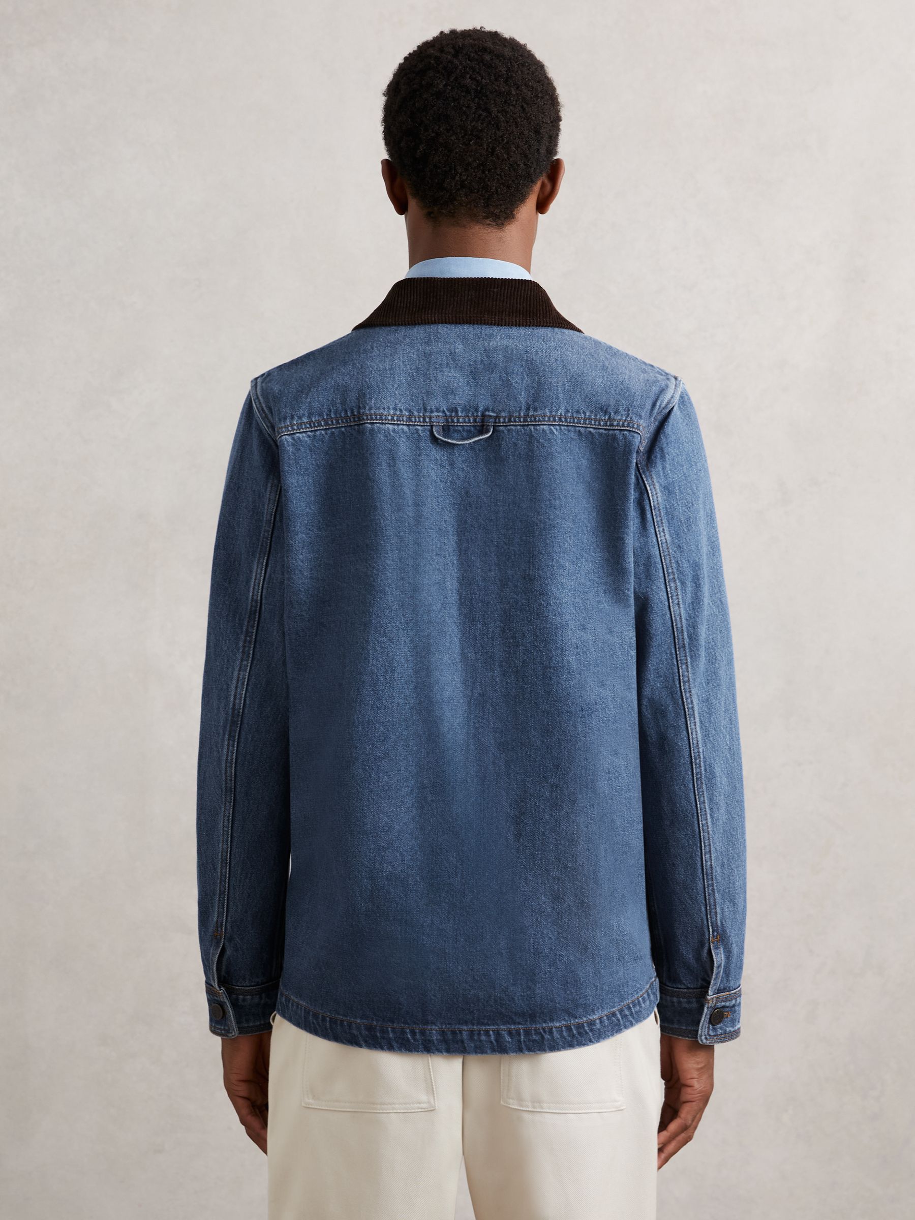 Corduroy Collar Denim Worker Jacket in Denim Blue