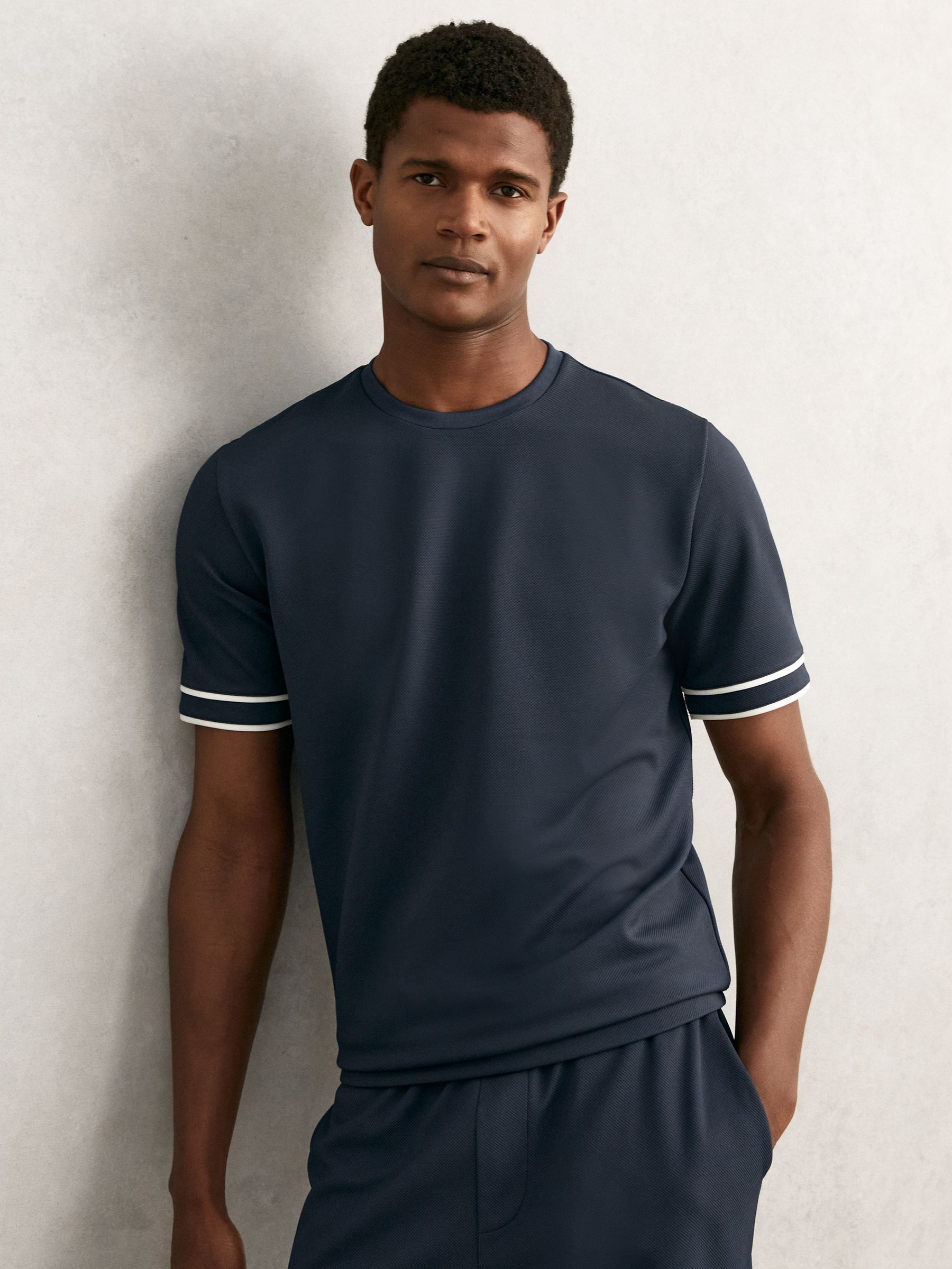 Textured Crew-Neck Tipped T-Shirt in Airforce Blue