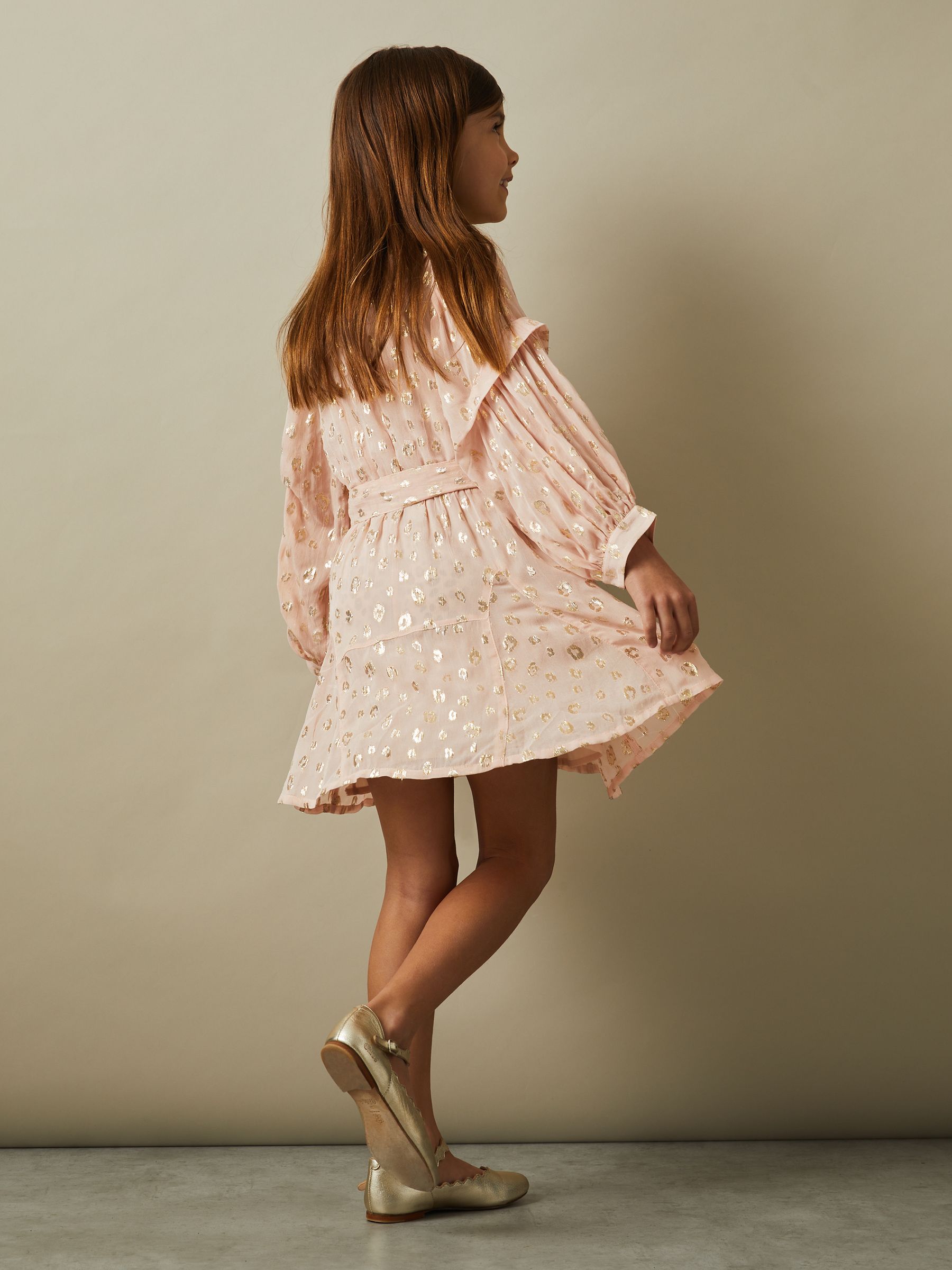 13-14 yrs Metallic Jacquard Print Puff Sleeve Dress in Pink