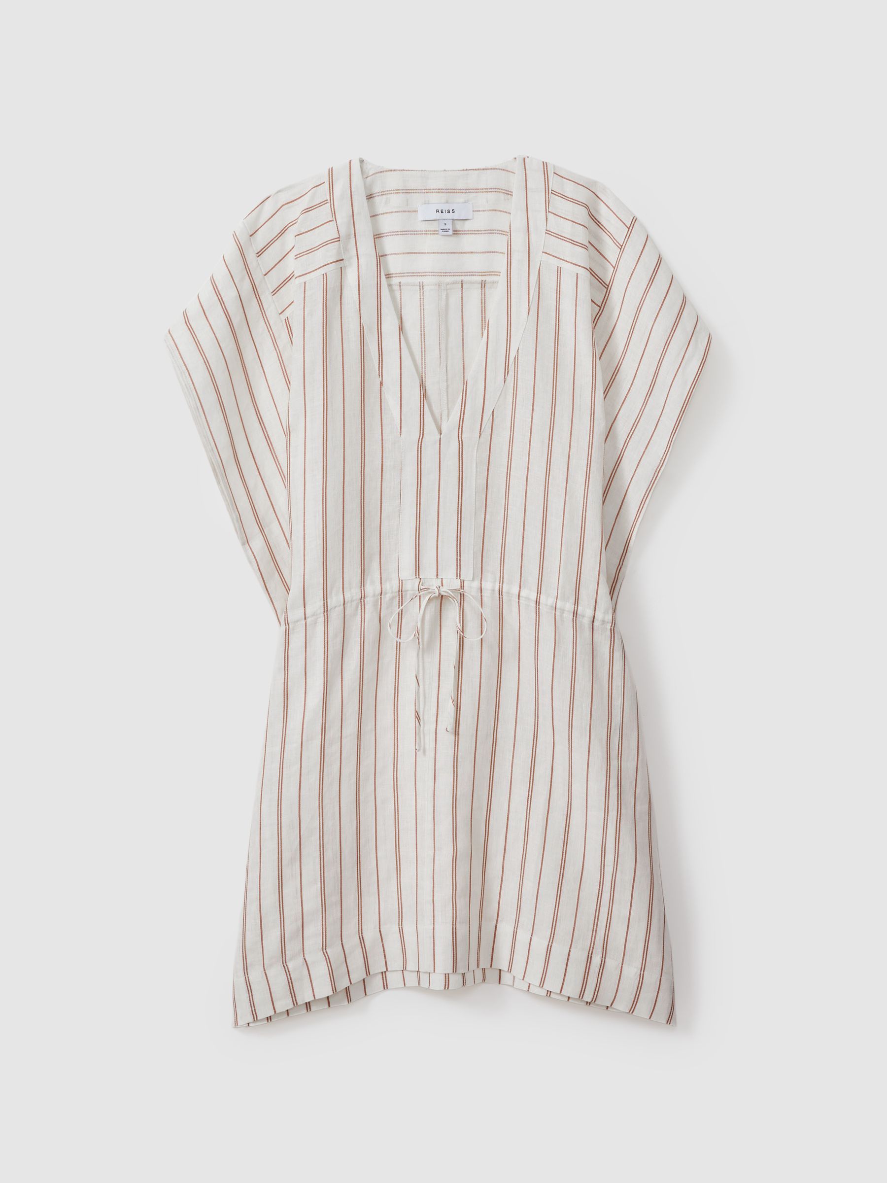 Linen-Cotton Striped Kaftan in Cream/Brown