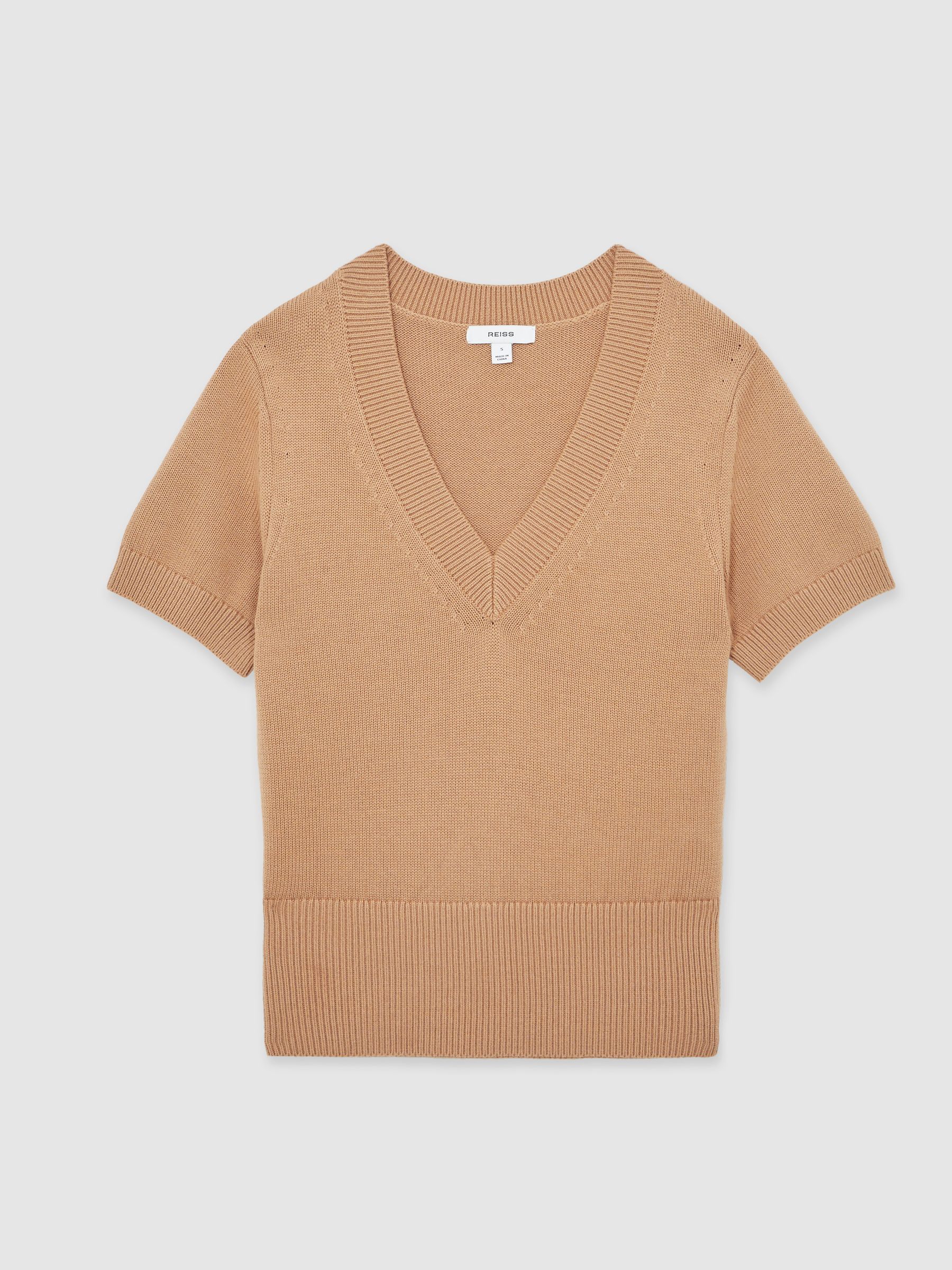 Cotton-Wool Knit V-Neck Top in Camel