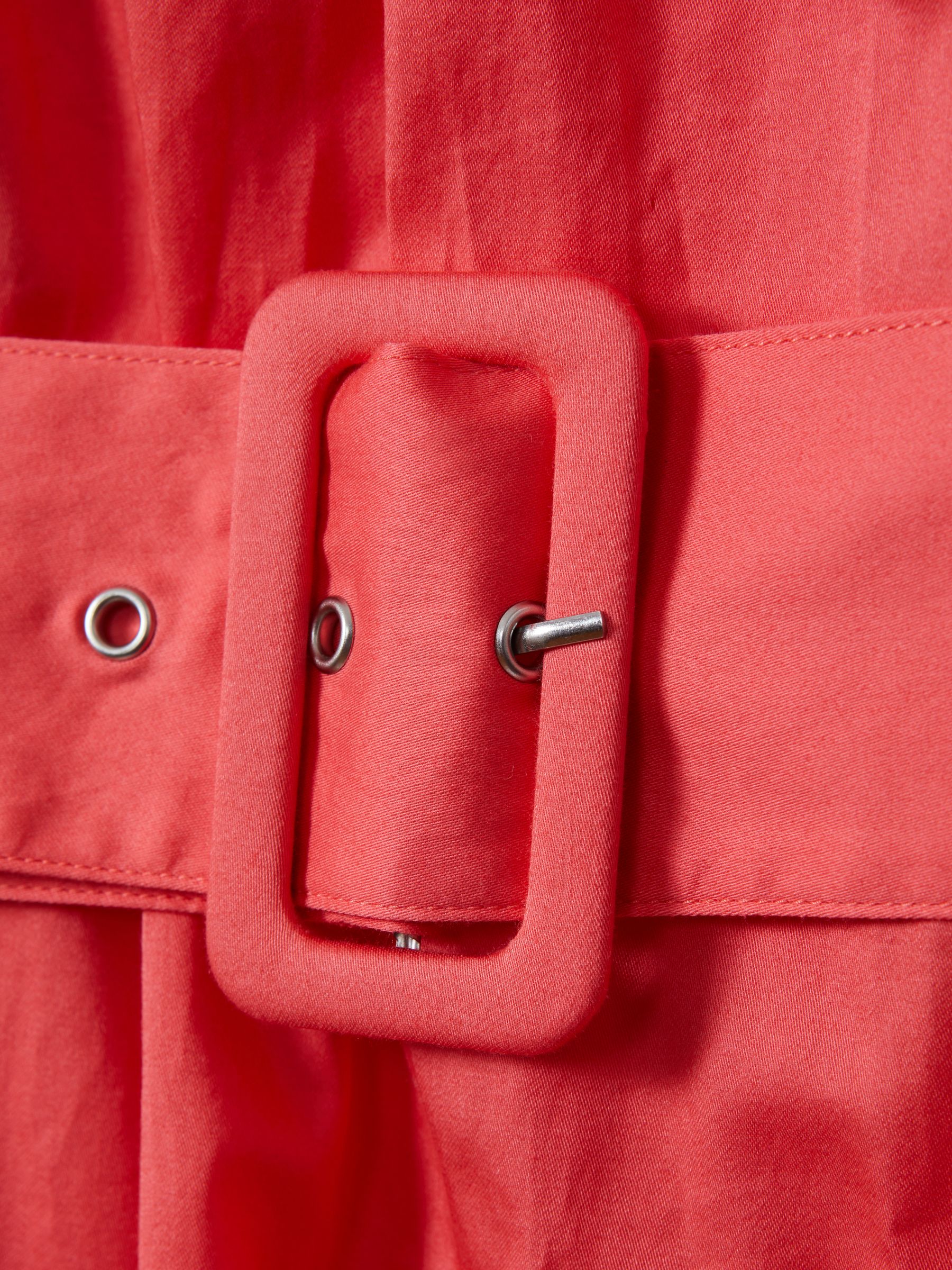 Cotton Ruched Strap Belted Midi Dress in Coral